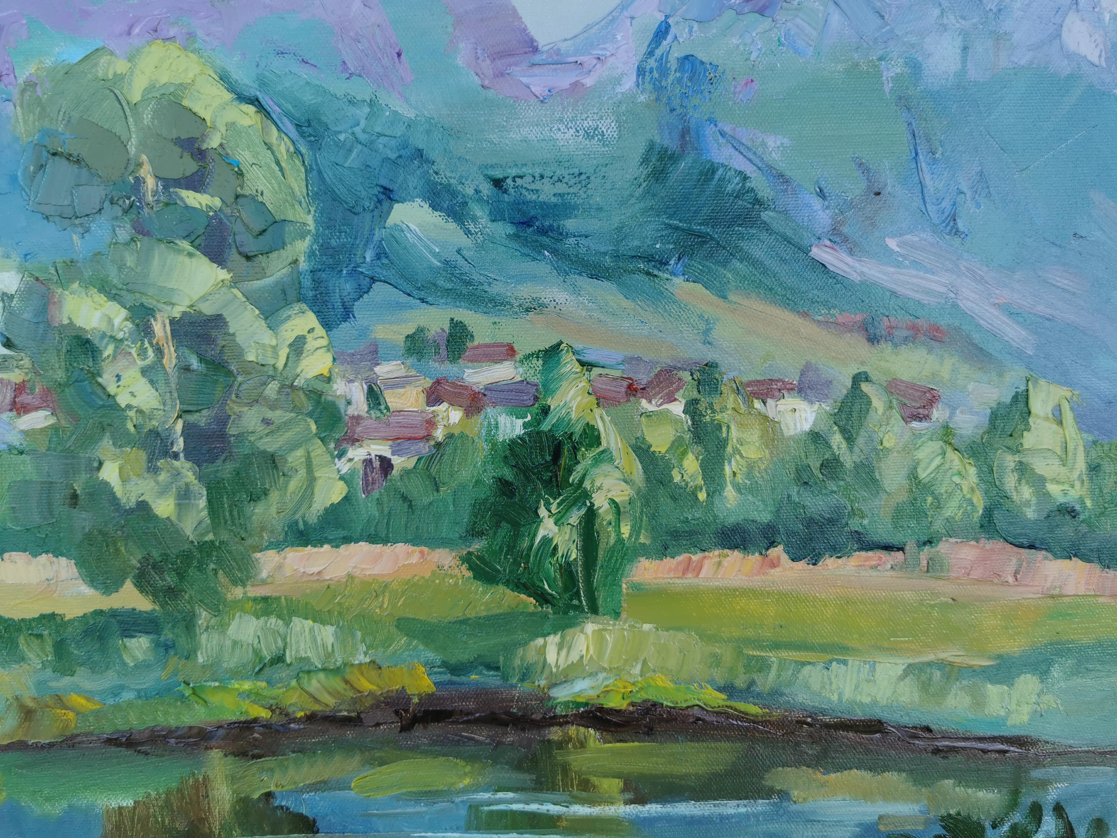 Blick auf Gams. Horizont, Impressionismus, Landschaft, See, Berge, Schweiz im Angebot 1