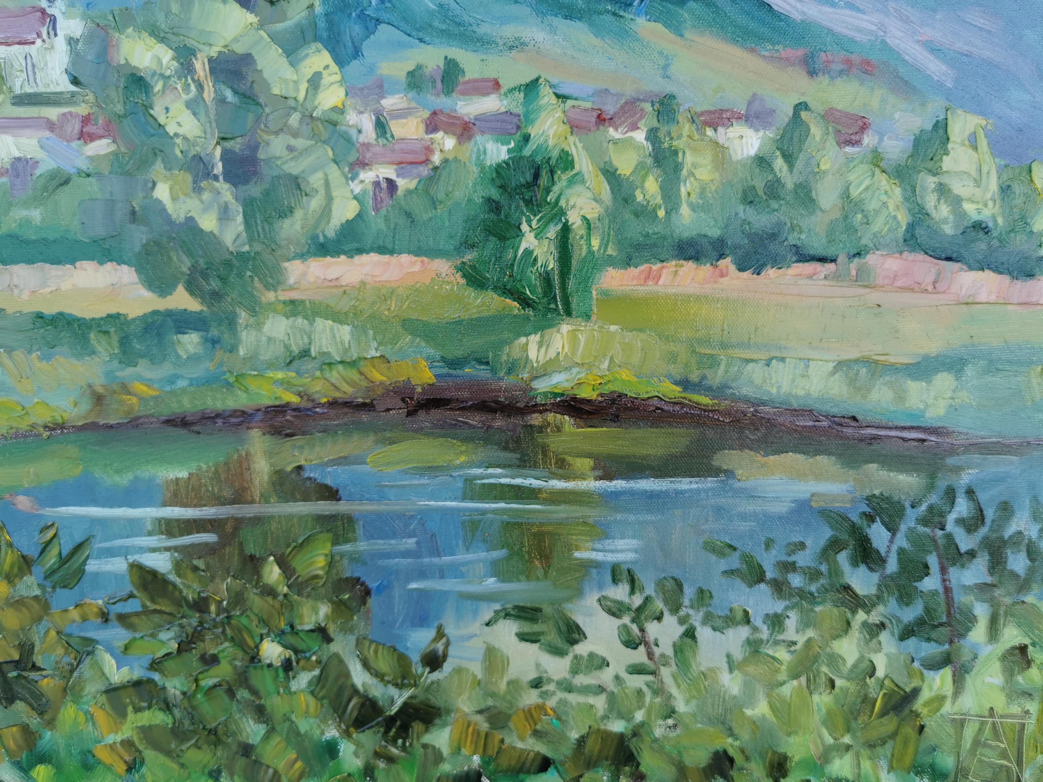 Blick auf Gams. Horizont, Impressionismus, Landschaft, See, Berge, Schweiz im Angebot 2