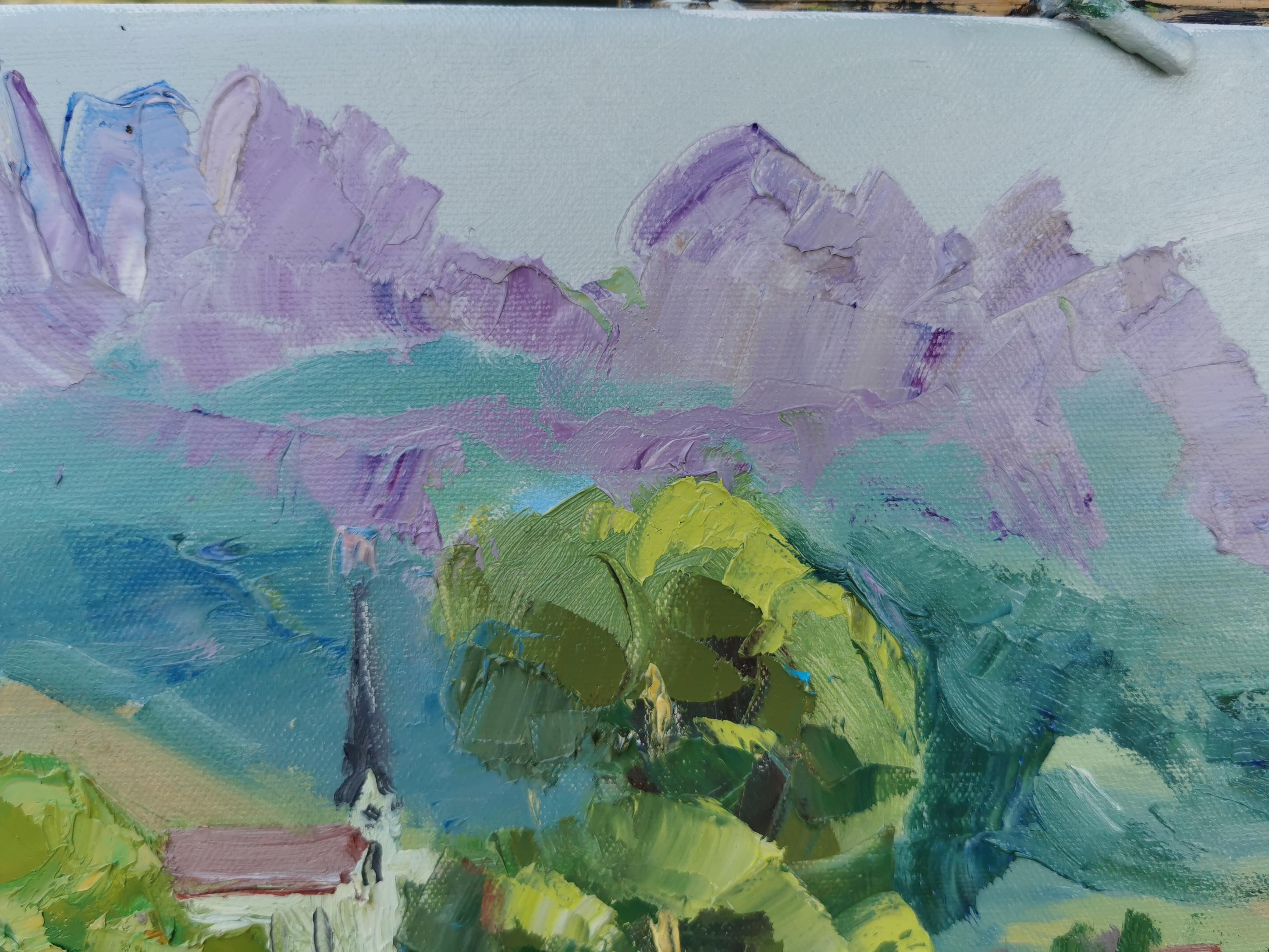 Blick auf Gams. Horizont, Impressionismus, Landschaft, See, Berge, Schweiz im Angebot 4