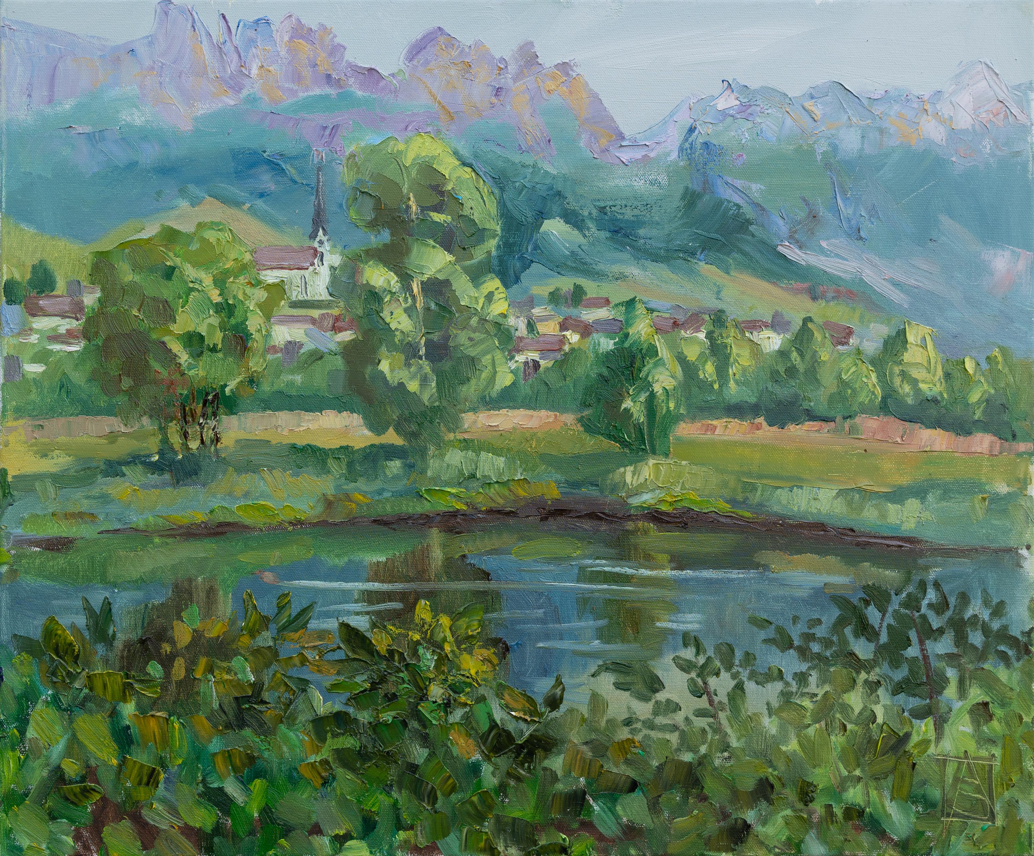 View Of Gams. Horizontal, impressionism, landscape, lake, mountains, Switzerland