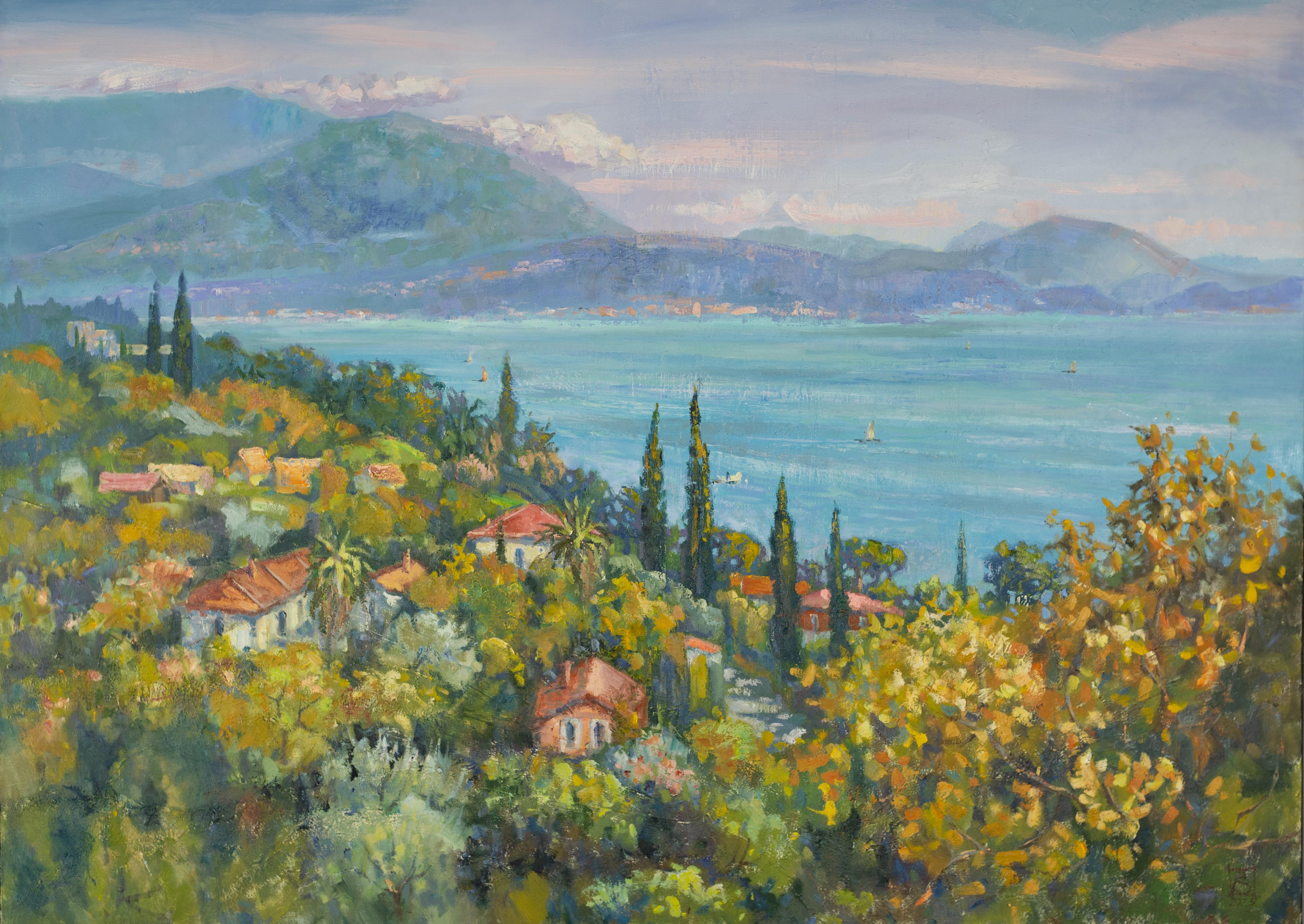 Anna Shesterikova Landscape Painting - View Of Lake Garda. Italy, landscape paintings, Lake Garda, horizontal, large