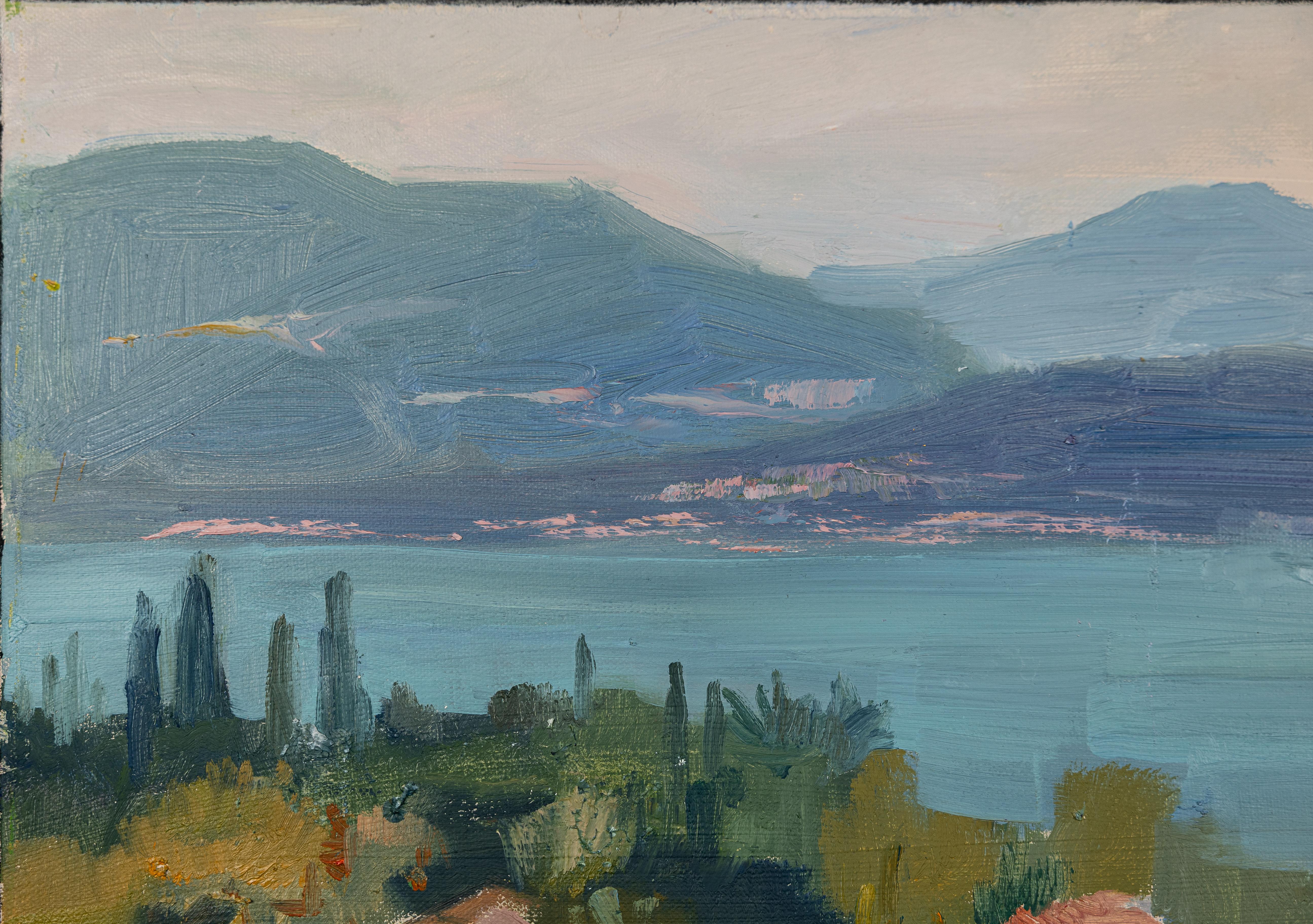 View of Lake Garda. Landscape in oil, post-impressionism. Nature, Lake, Italy For Sale 1