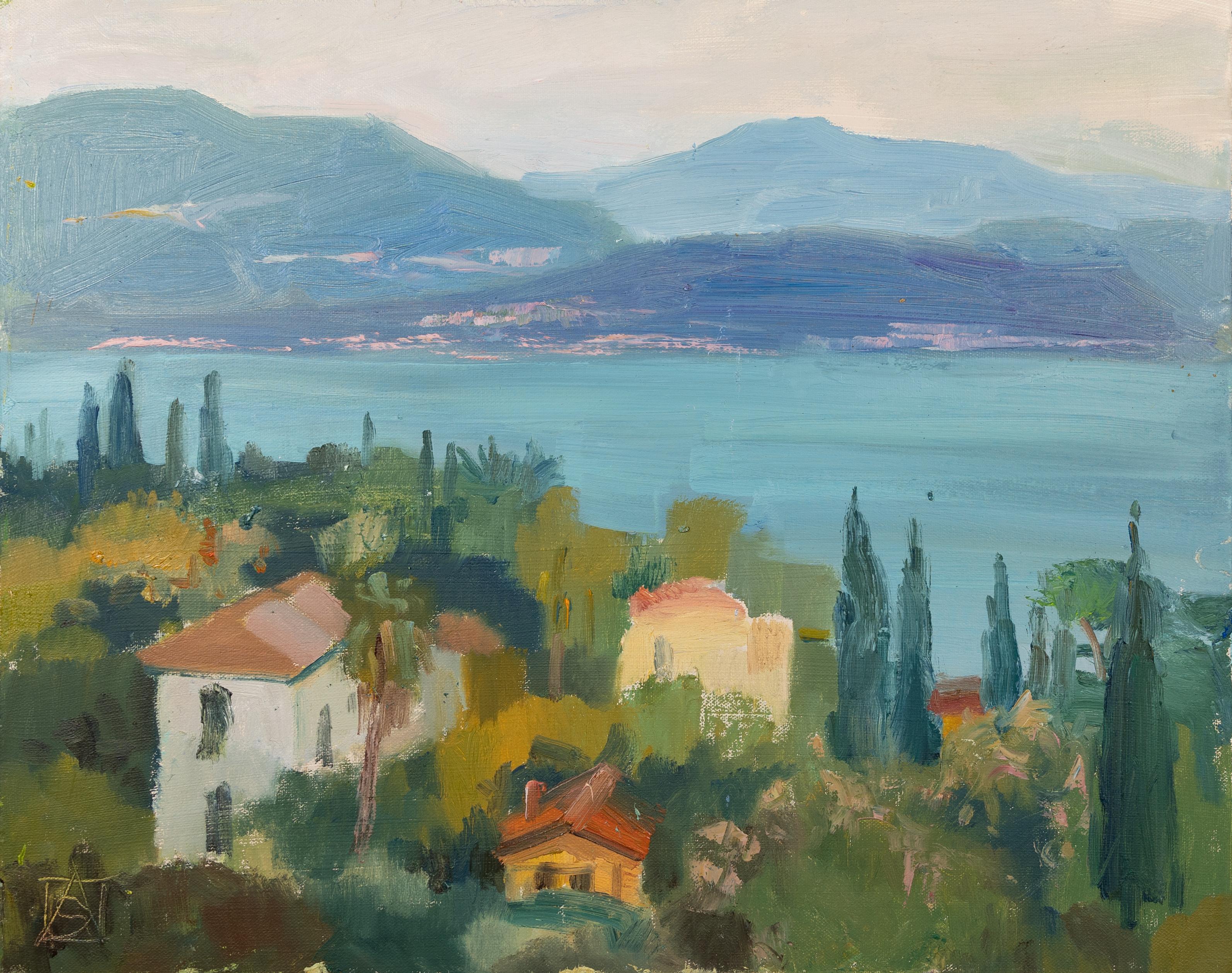View of Lake Garda. Sunset, landscape, oil paintings, impressionism, Lake, Italy