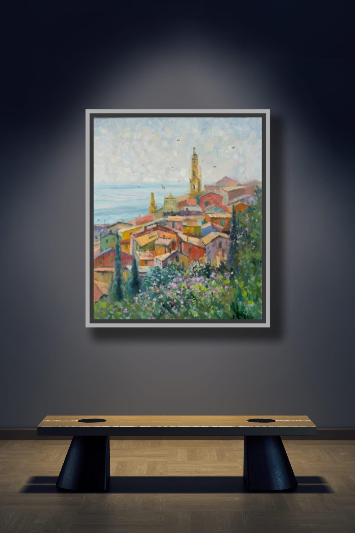View of Old Menton. Oil painting, France, Cote d'Azur, landscape, sea For Sale 10