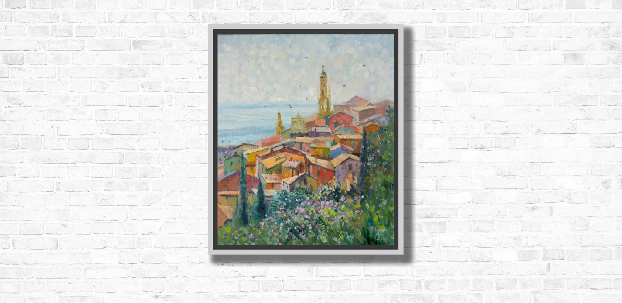 View of Old Menton. Oil painting, France, Cote d'Azur, landscape, sea For Sale 11