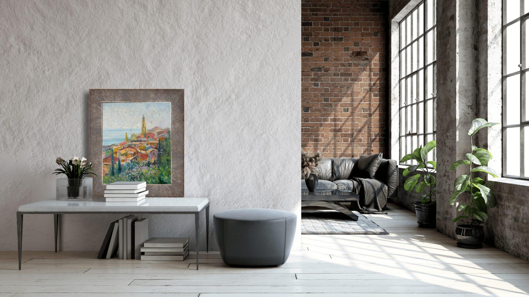 Vue du vieux Menton. Peinture à l'huile, France, Côte d'Azur, paysage, mer 12
