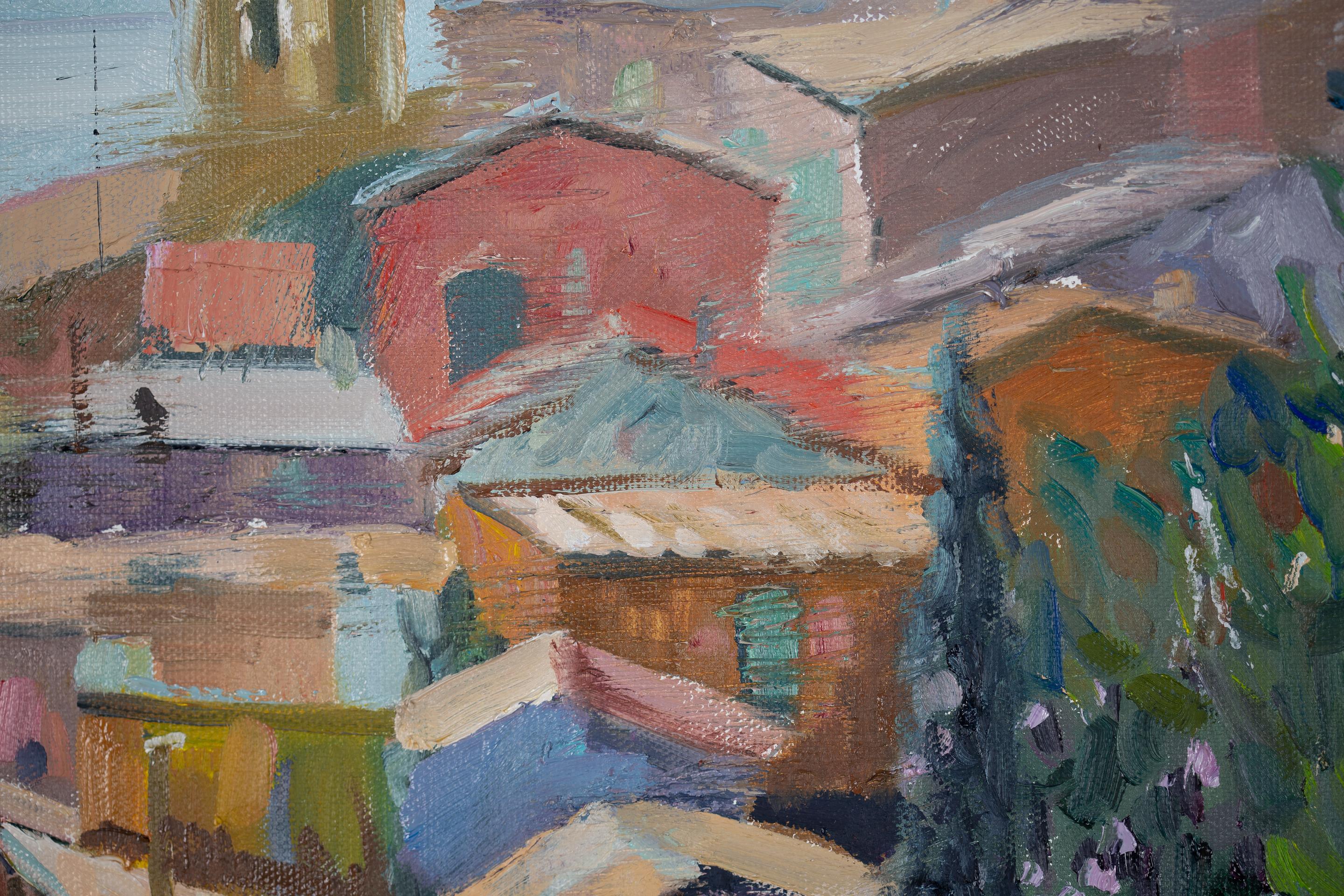 View of Old Menton. Oil painting, France, Cote d'Azur, landscape, sea For Sale 2
