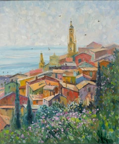 View of Old Menton. Oil painting, France, Cote d'Azur, landscape, sea