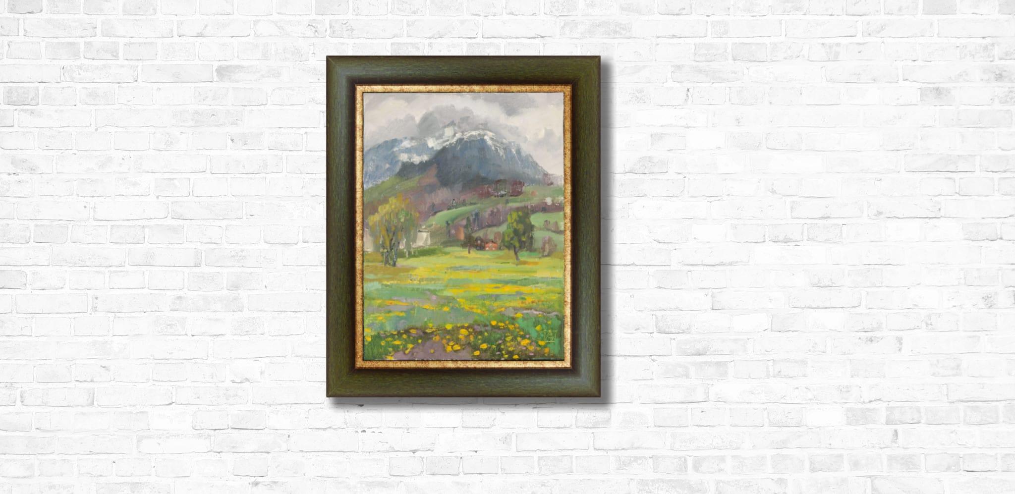 Vue des Alpes en soirée. Vertical, Suisse, montagnes, soirée - Painting de Anna Shesterikova