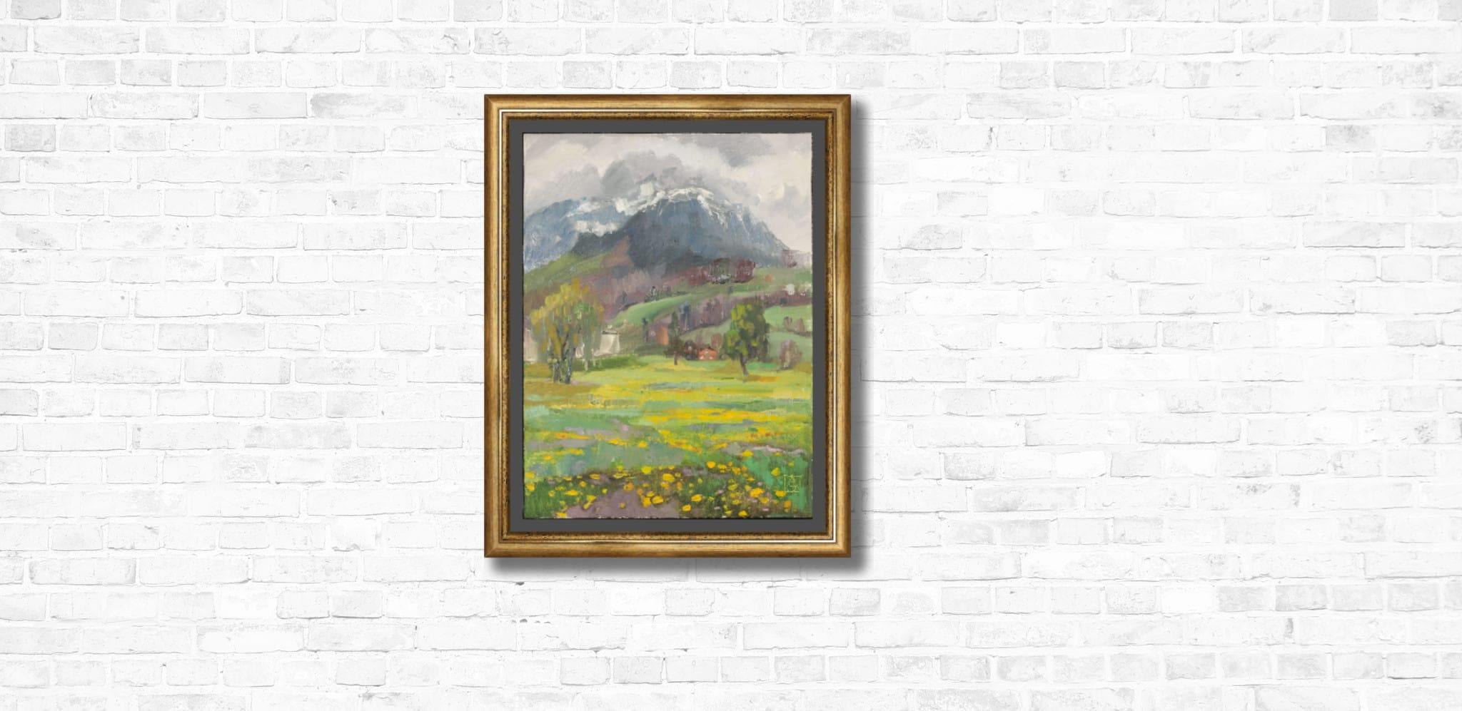 Vue des Alpes en soirée. Vertical, Suisse, montagnes, soirée - Post-impressionnisme Painting par Anna Shesterikova