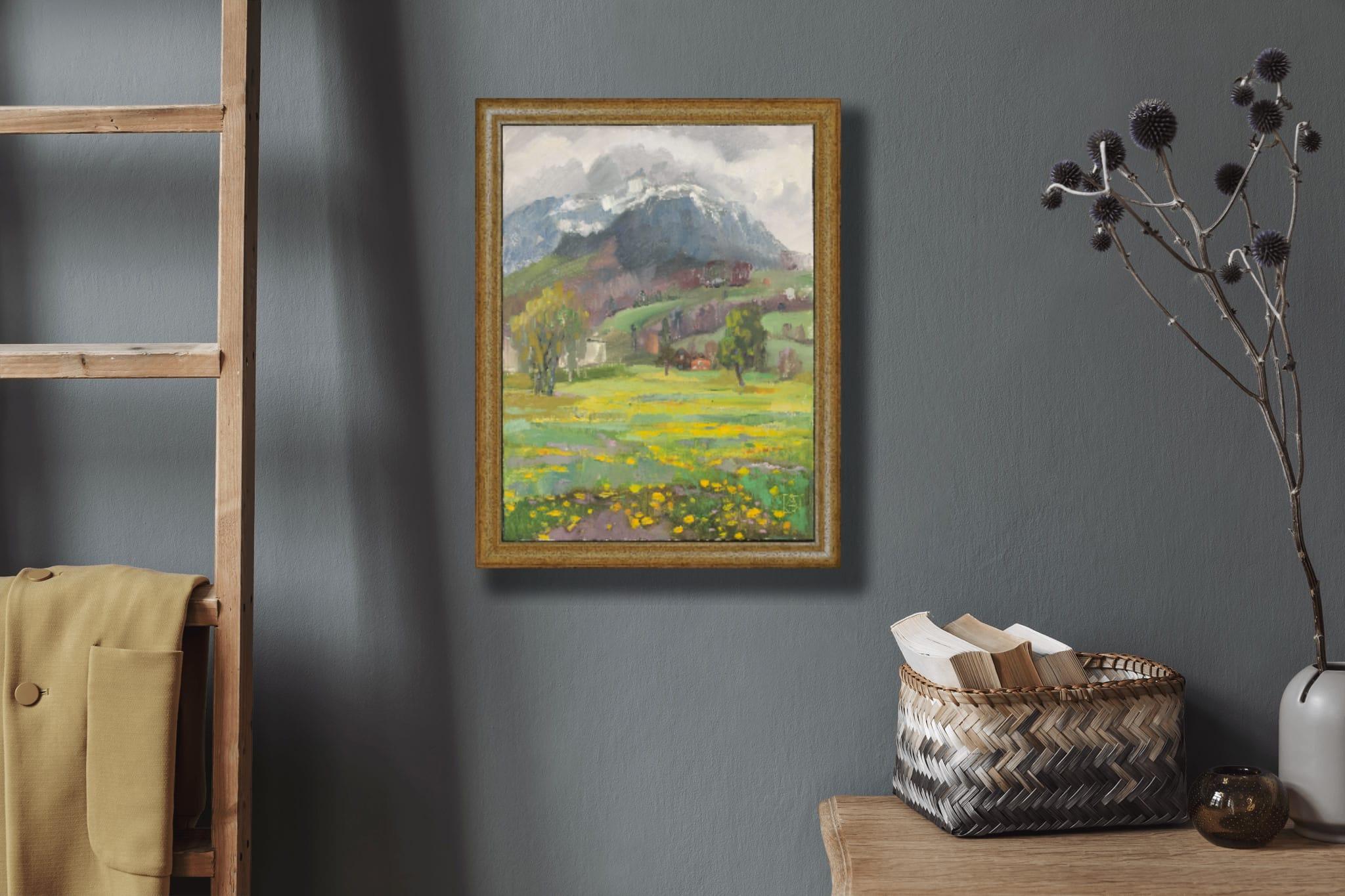 Vue des Alpes en soirée. Vertical, Suisse, montagnes, soirée - Marron Landscape Painting par Anna Shesterikova