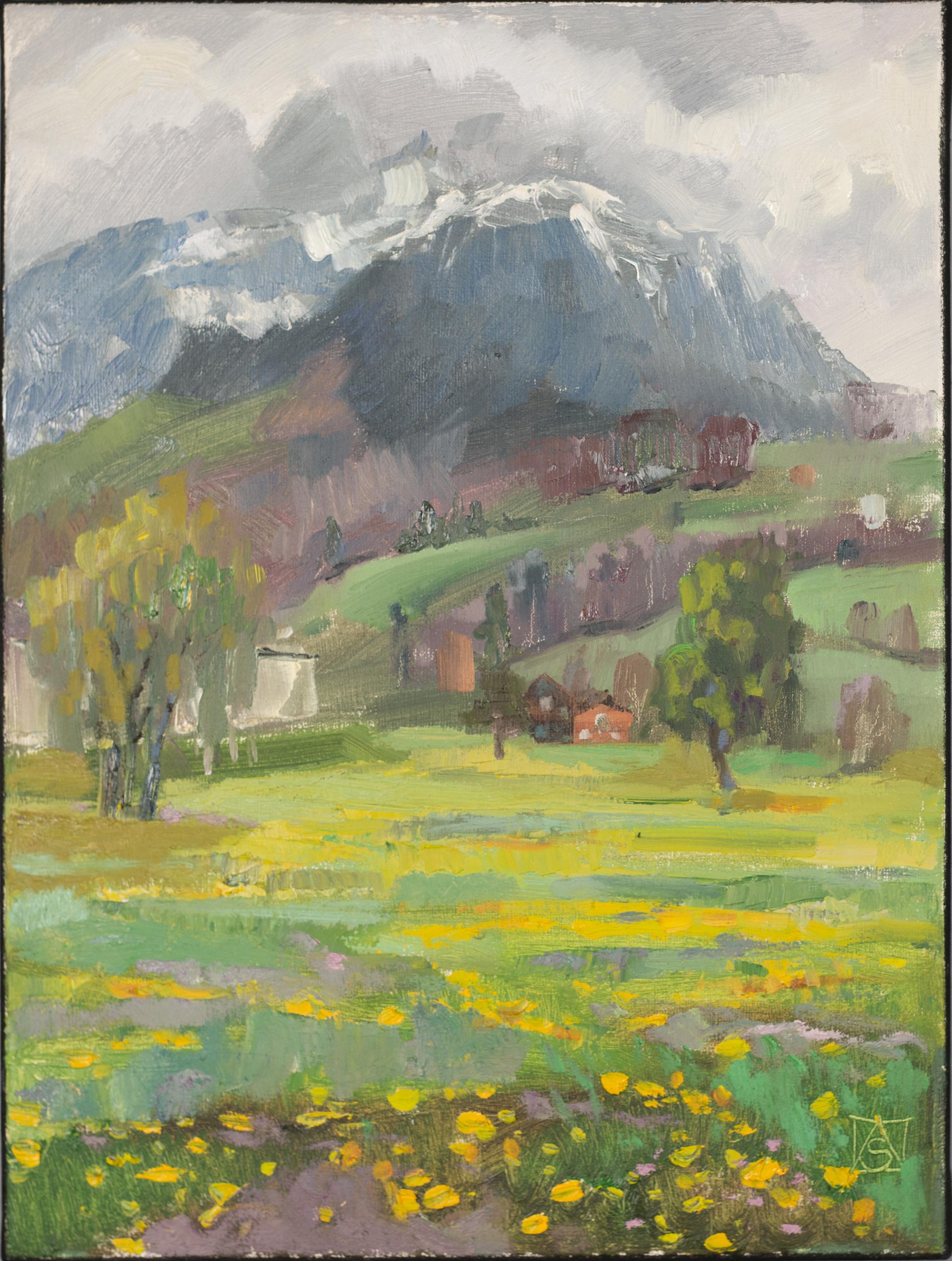 Landscape Painting Anna Shesterikova - Vue des Alpes en soirée. Vertical, Suisse, montagnes, soirée