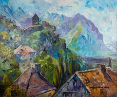 View Of The Princely Castle. Horizontal landscape, oil, medieval castle.
