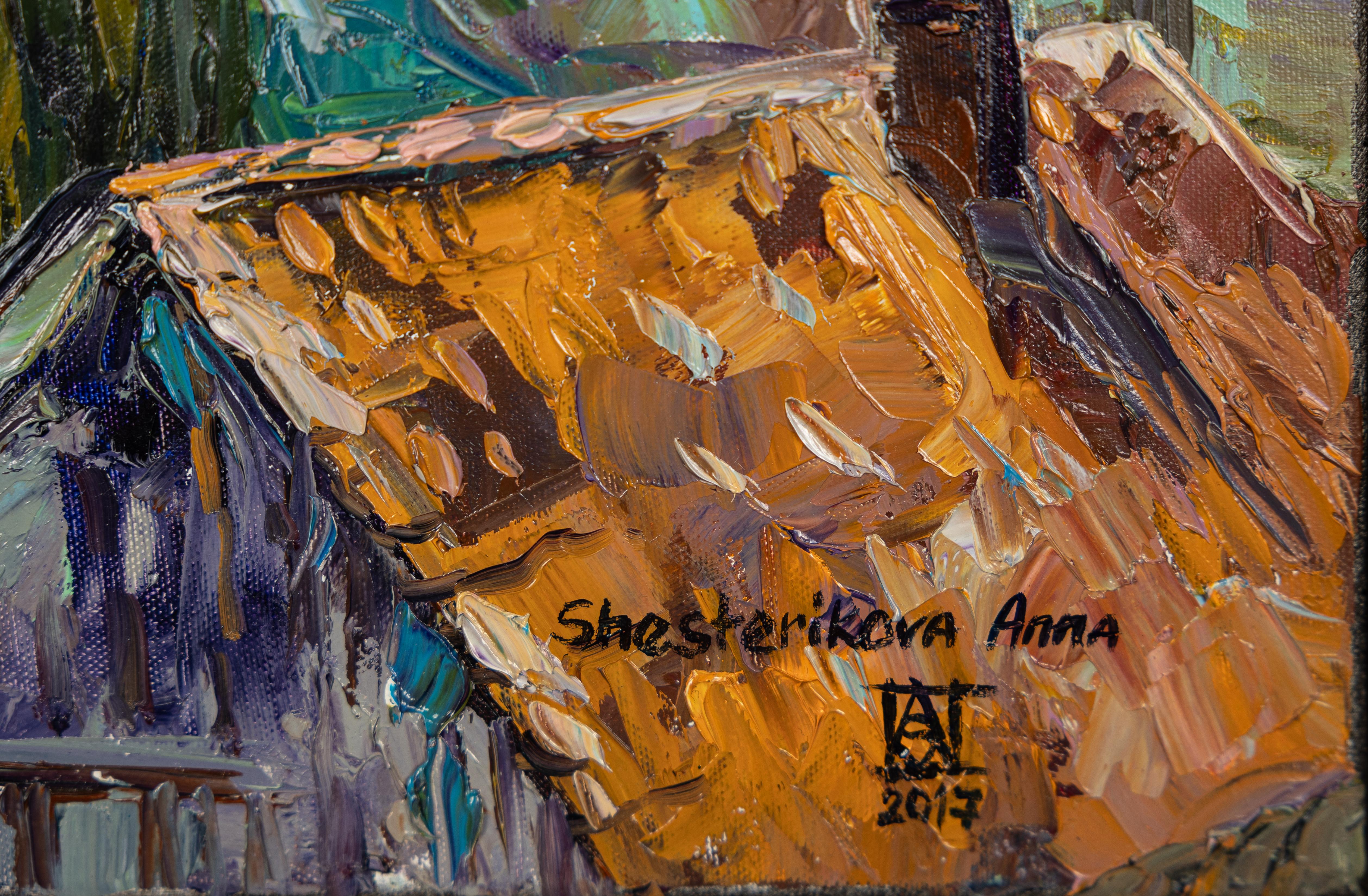 Blick auf das königliche Schloss. Horizontal, Landschaftsbilder, Öl, Schloss. (Grau), Landscape Painting, von Anna Shesterikova