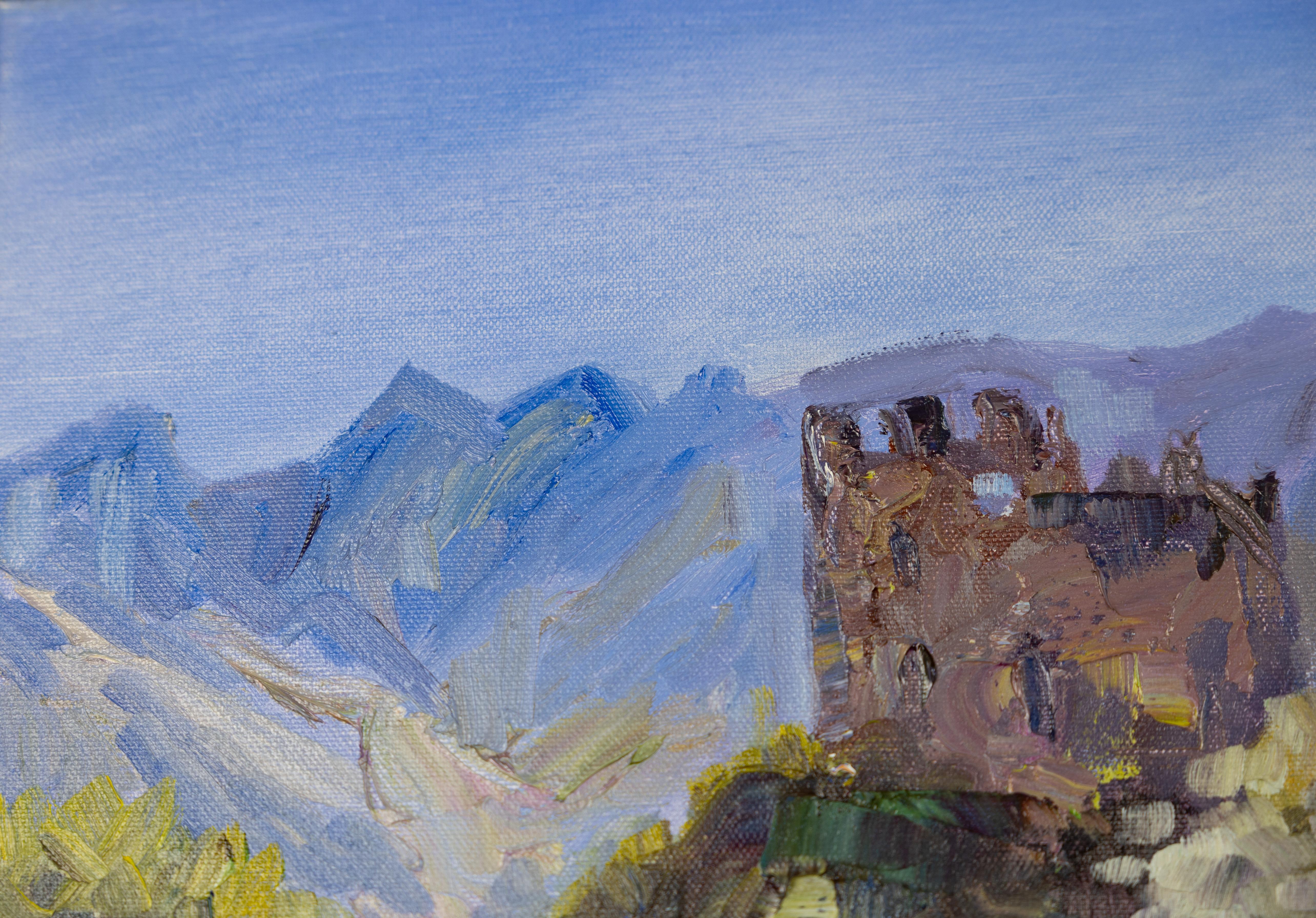 Blick auf die Ruinen des Schlosses Wartau. Landschaft in Öl, Berge, Schweiz im Angebot 5