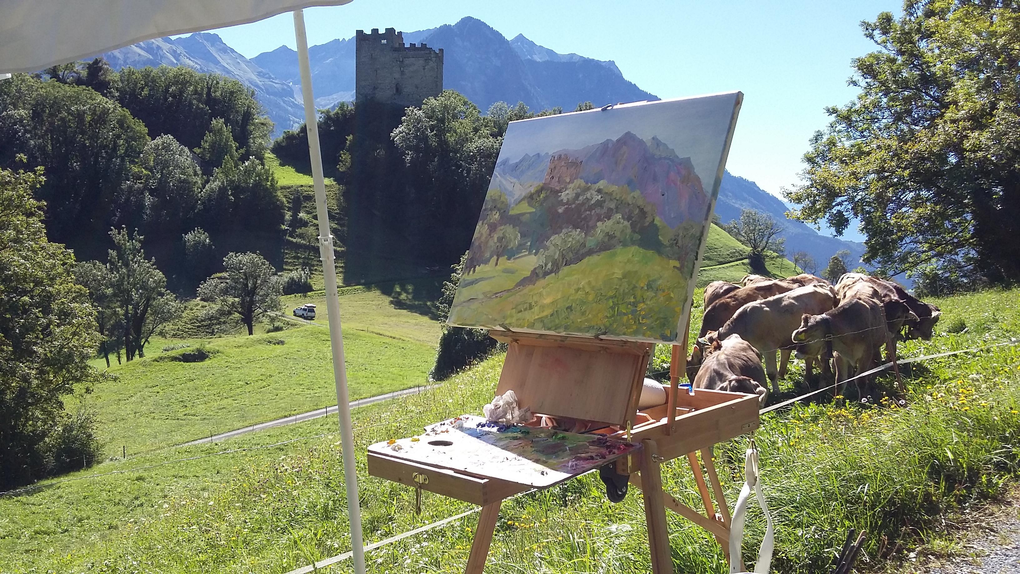 Blick auf die Ruinen des Schlosses Wartau. Landschaft in Öl, Berge, Schweiz im Angebot 7