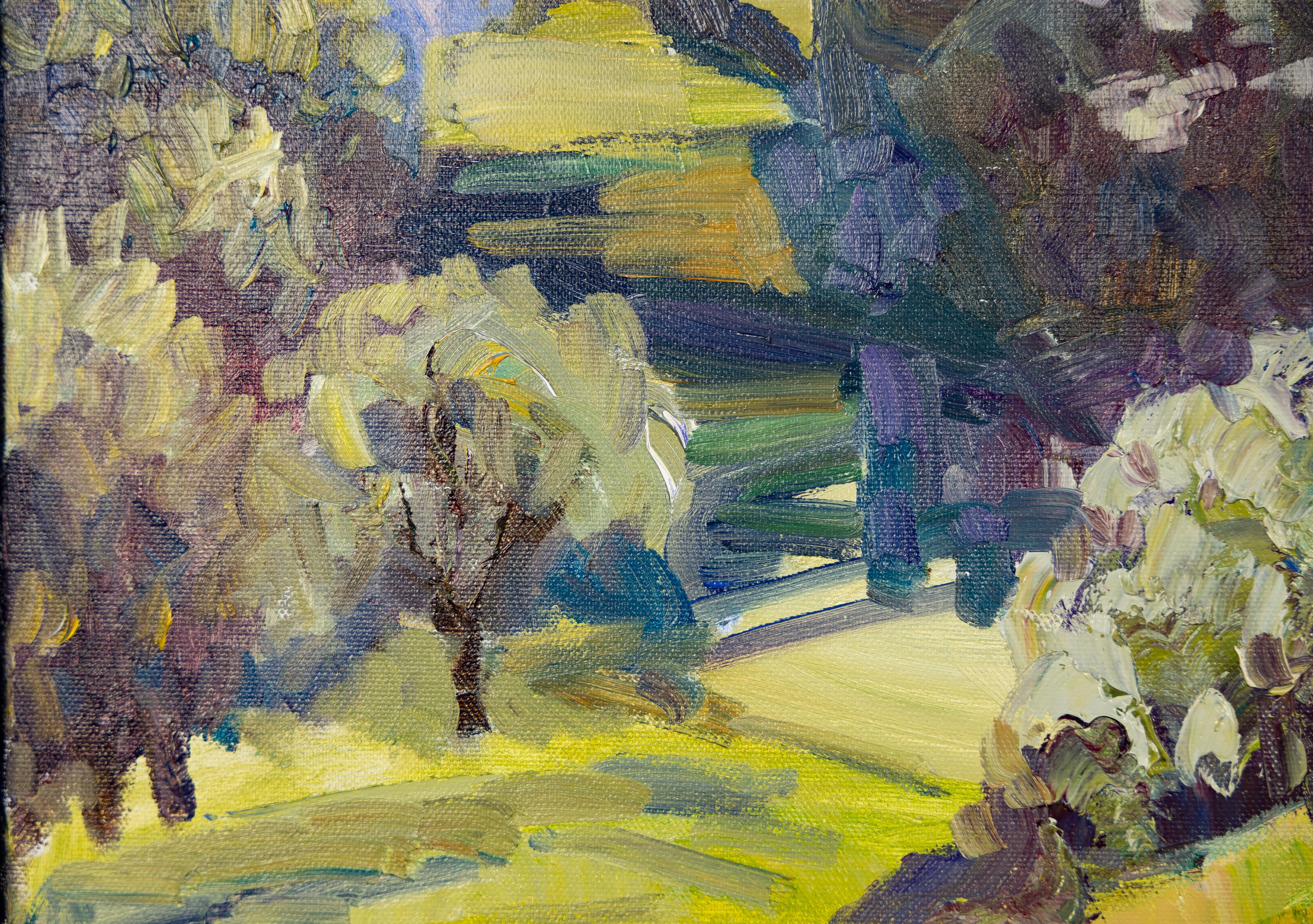 Blick auf die Ruinen des Schlosses Wartau. Landschaft in Öl, Berge, Schweiz im Angebot 1