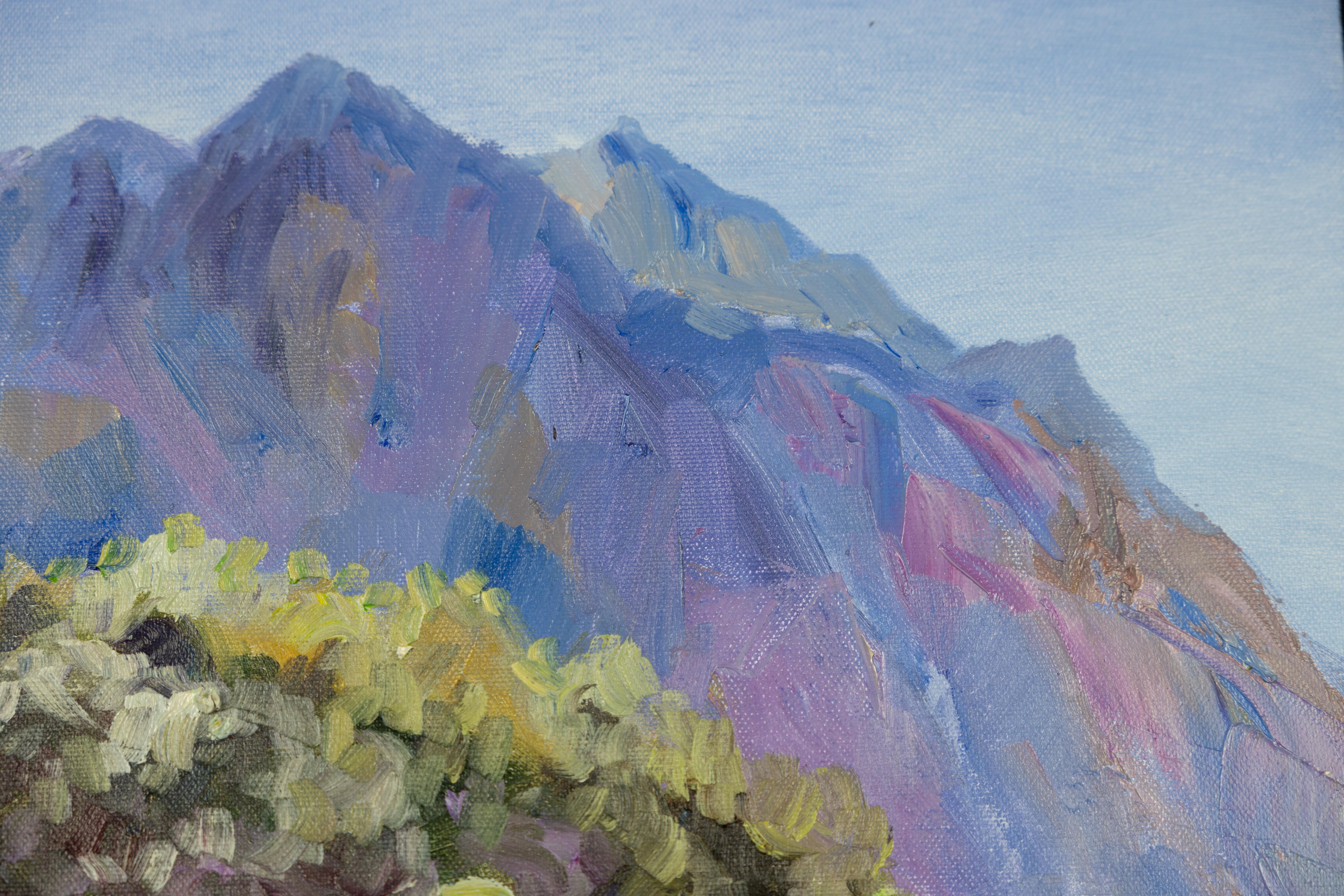Blick auf die Ruinen des Schlosses Wartau. Landschaft in Öl, Berge, Schweiz im Angebot 4