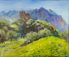 Vista delle rovine del castello di Wartau. Dipinti di paesaggi, impressionismo svizzero