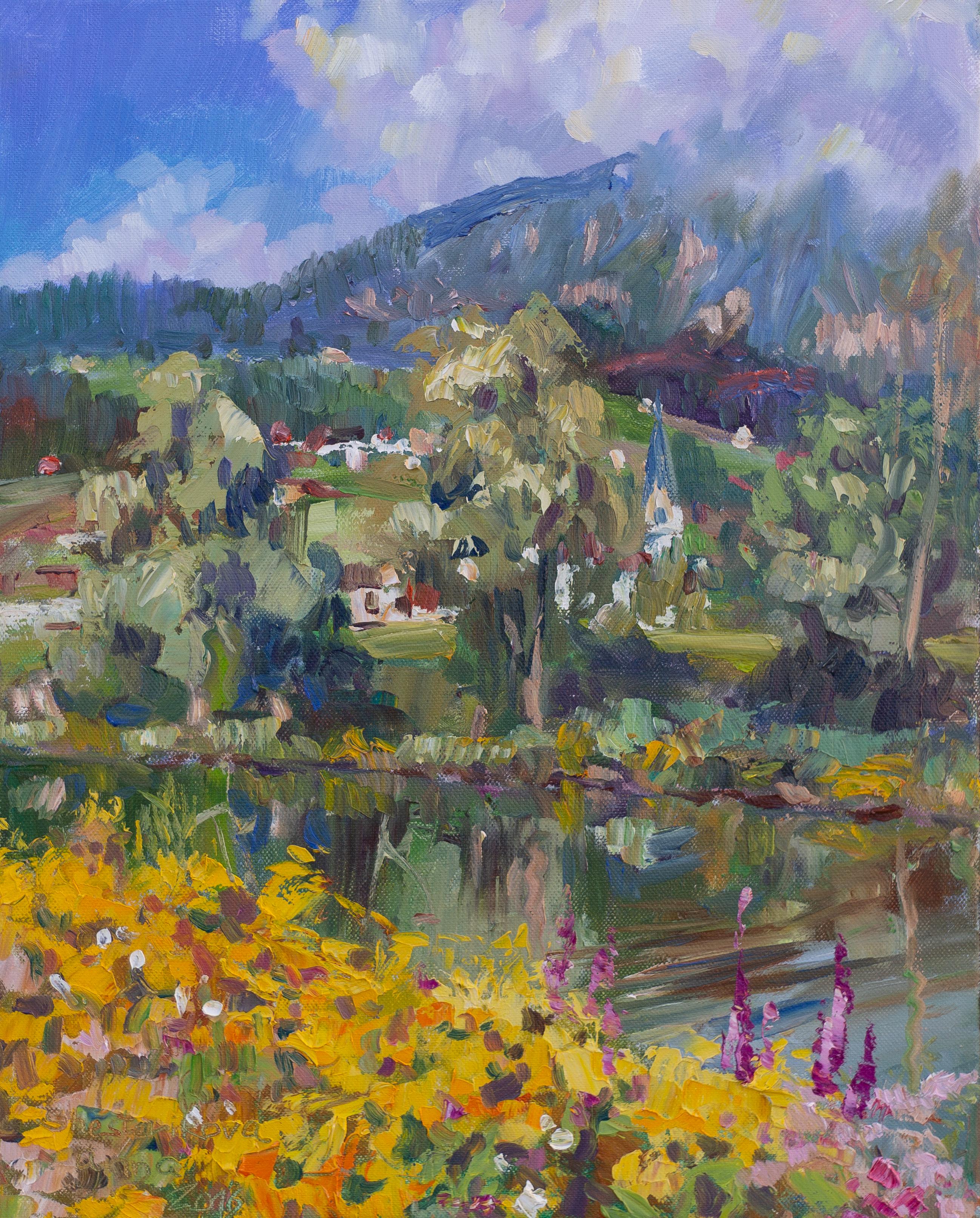 Landscape Painting de Anna Shesterikova - Vista a Gams desde Simisee. Vertical, Montañas, Paisaje, impresionismo
