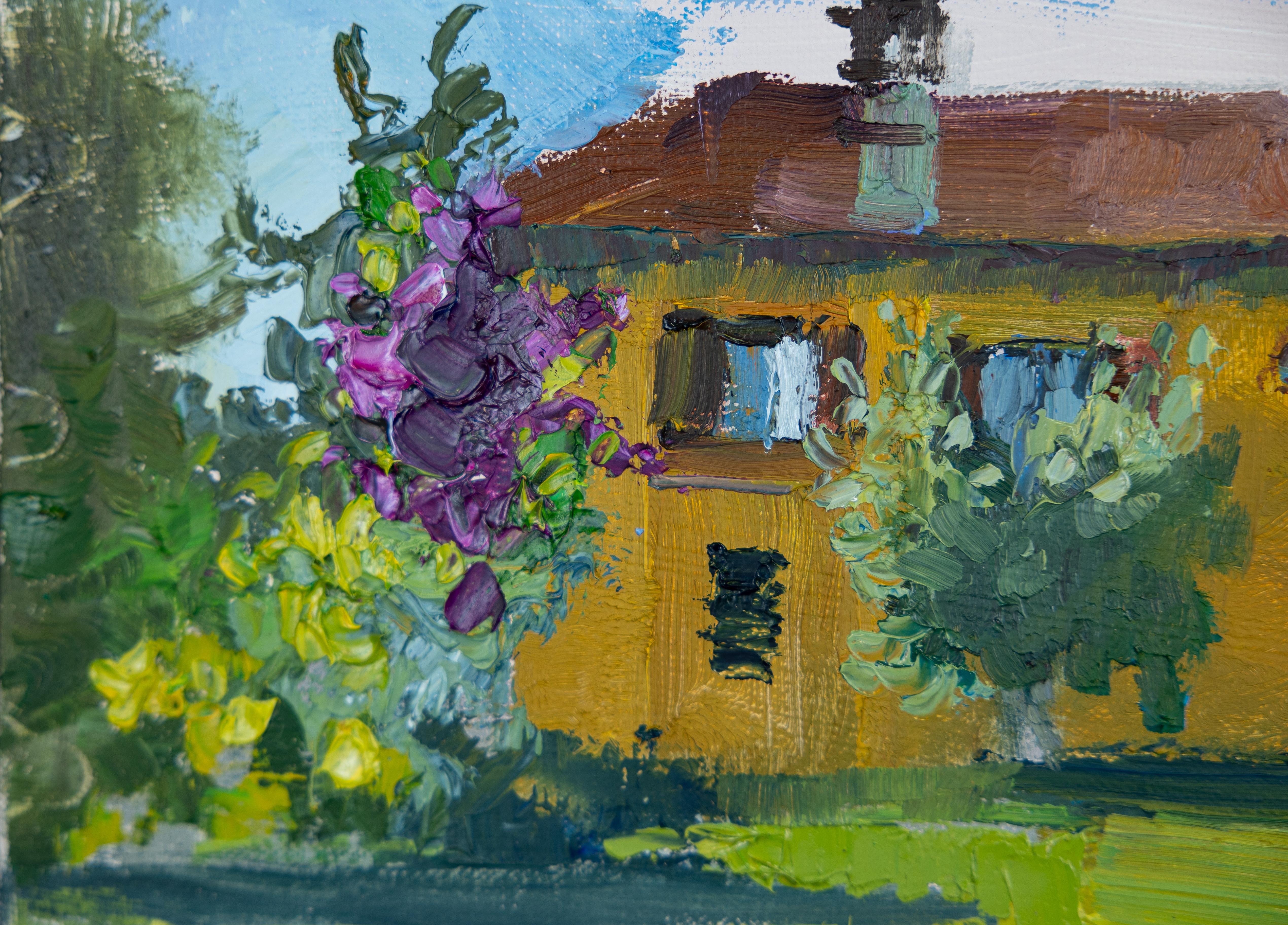 Villa Cletus on Lake Garda. Landscape in oil. Flowers, house. Impressionism For Sale 3
