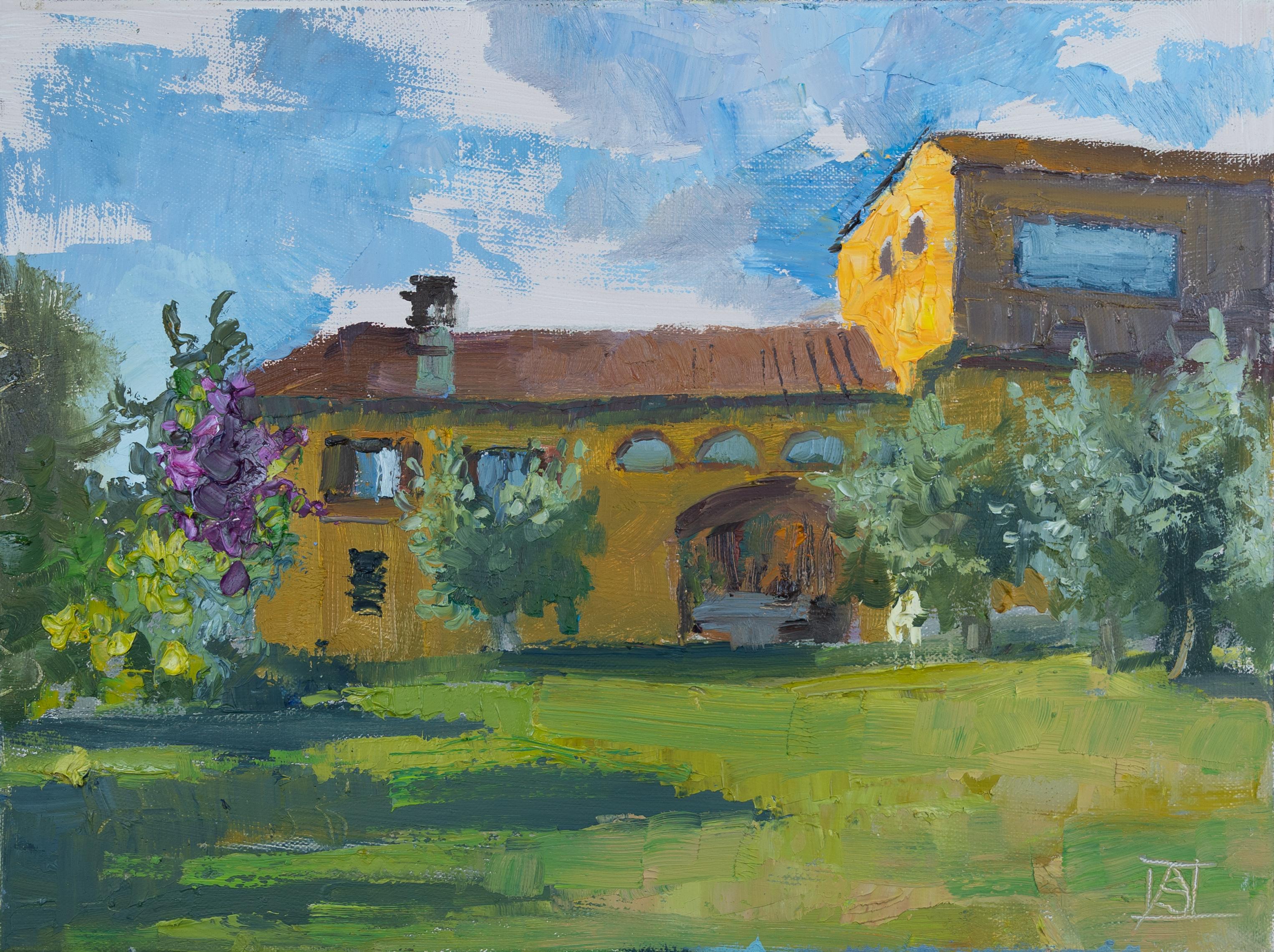 Villa Cletus on Lake Garda. Landscape in oil. Flowers, house. Impressionism