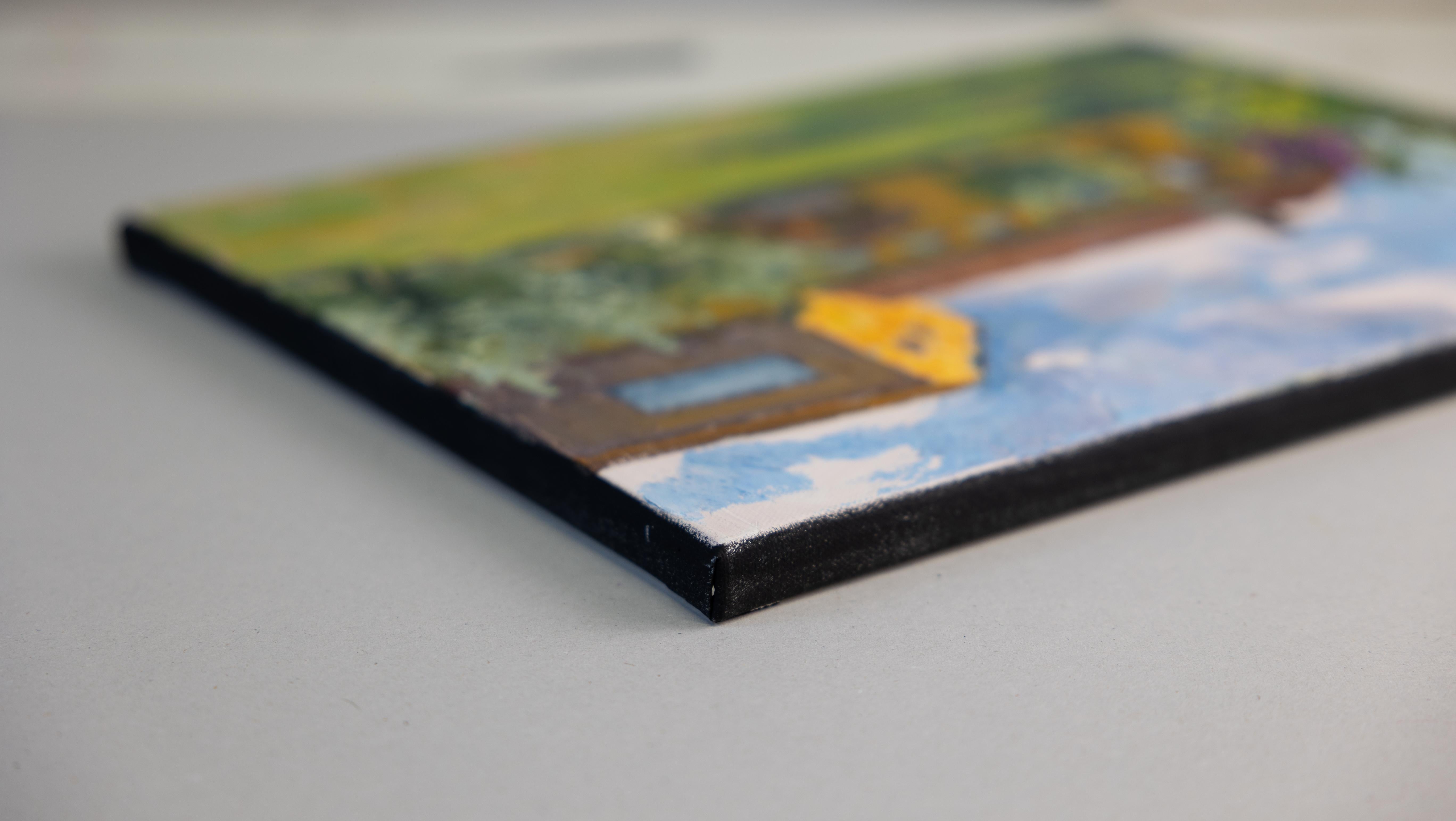 Villa Cletus am Garda See. Sonnenuntergang, Landschaft, Blumen, Haus. Impressionismus – Painting von Anna Shesterikova