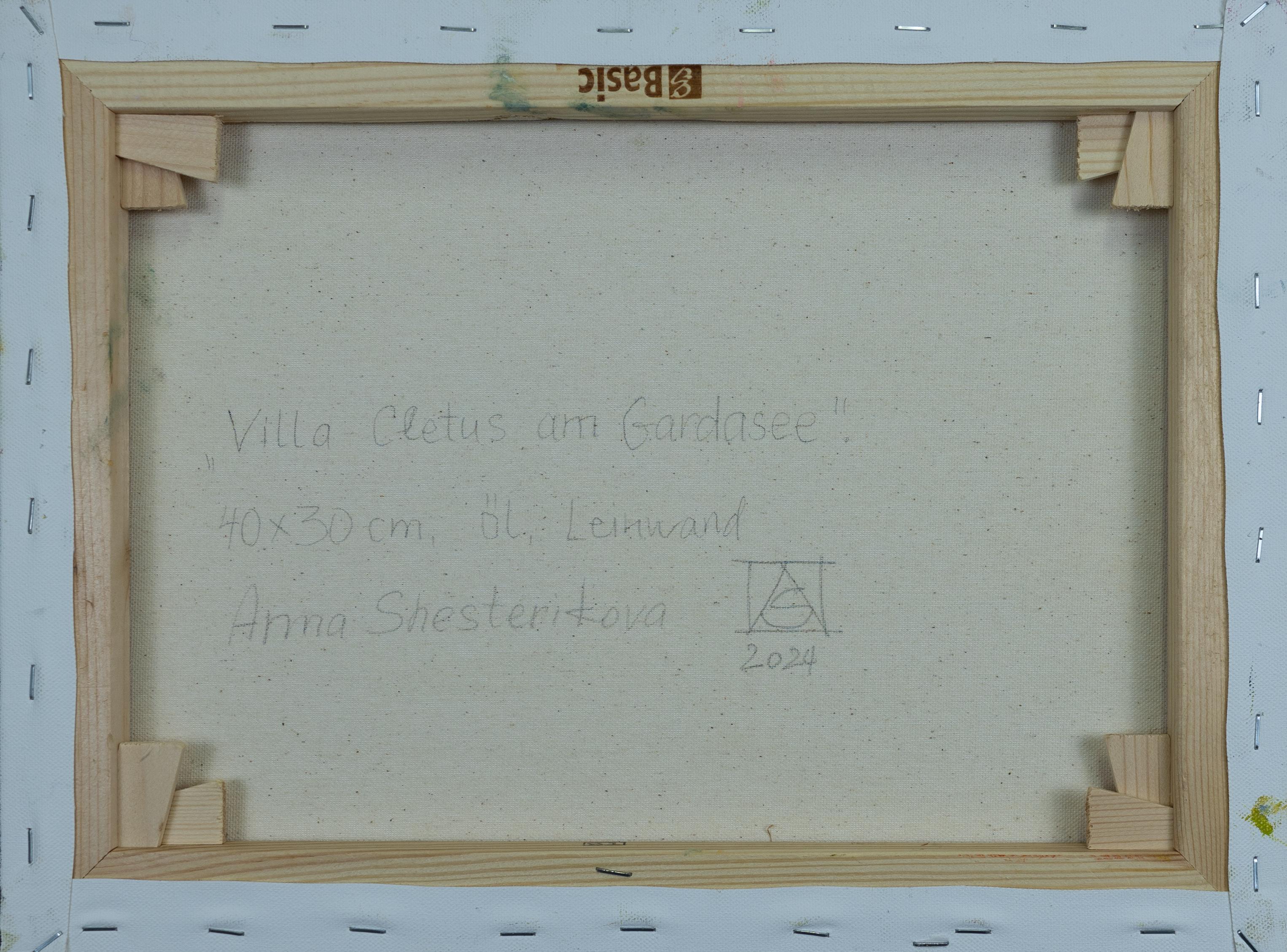 Villa Cletus am Garda See. Sonnenuntergang, Landschaft, Blumen, Haus. Impressionismus (Grau), Landscape Painting, von Anna Shesterikova