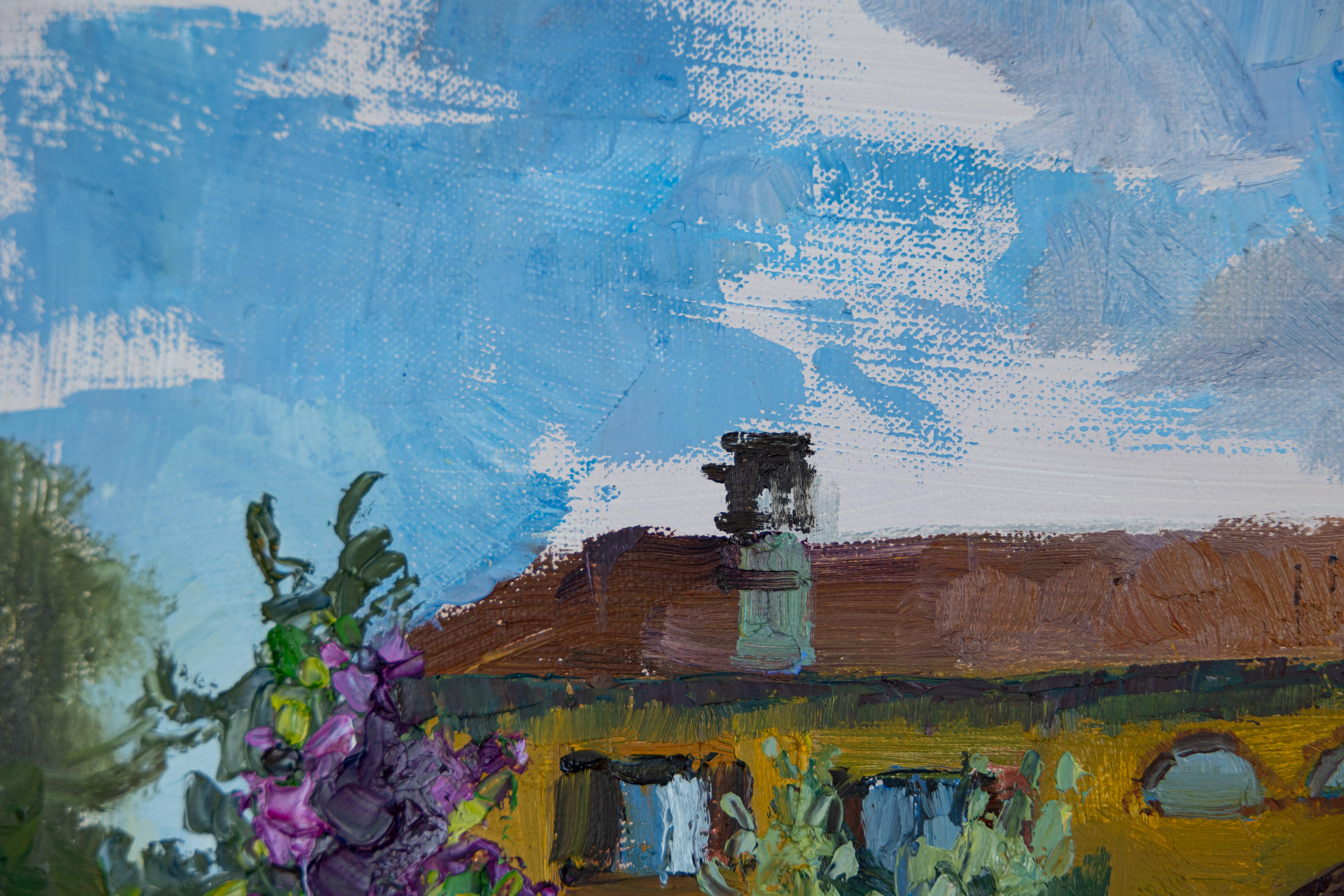 Villa Cletus am Garda See. Sonnenuntergang, Landschaft, Blumen, Haus. Impressionismus im Angebot 5