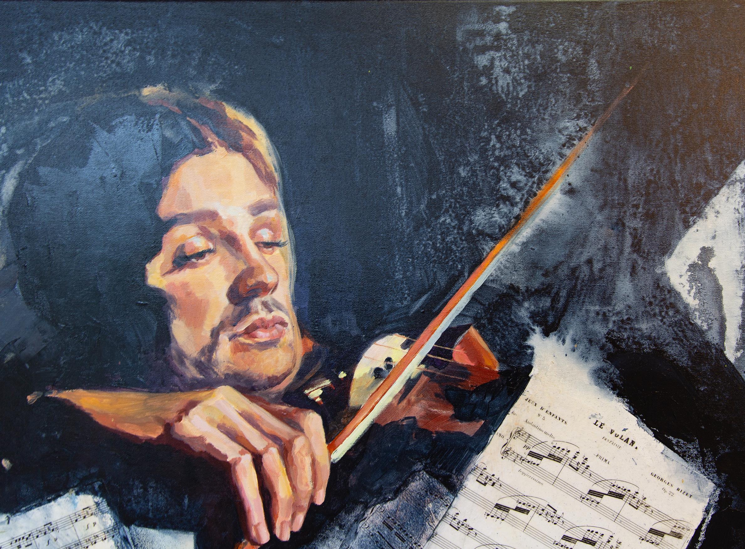 Violinista. Cuadrado, retrato, figurativo, apuntes, semiabstracto - Figurative Painting Negro de Anna Shesterikova