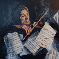 Violinista. Cuadrado, retrato, figurativo, apuntes, semiabstracto