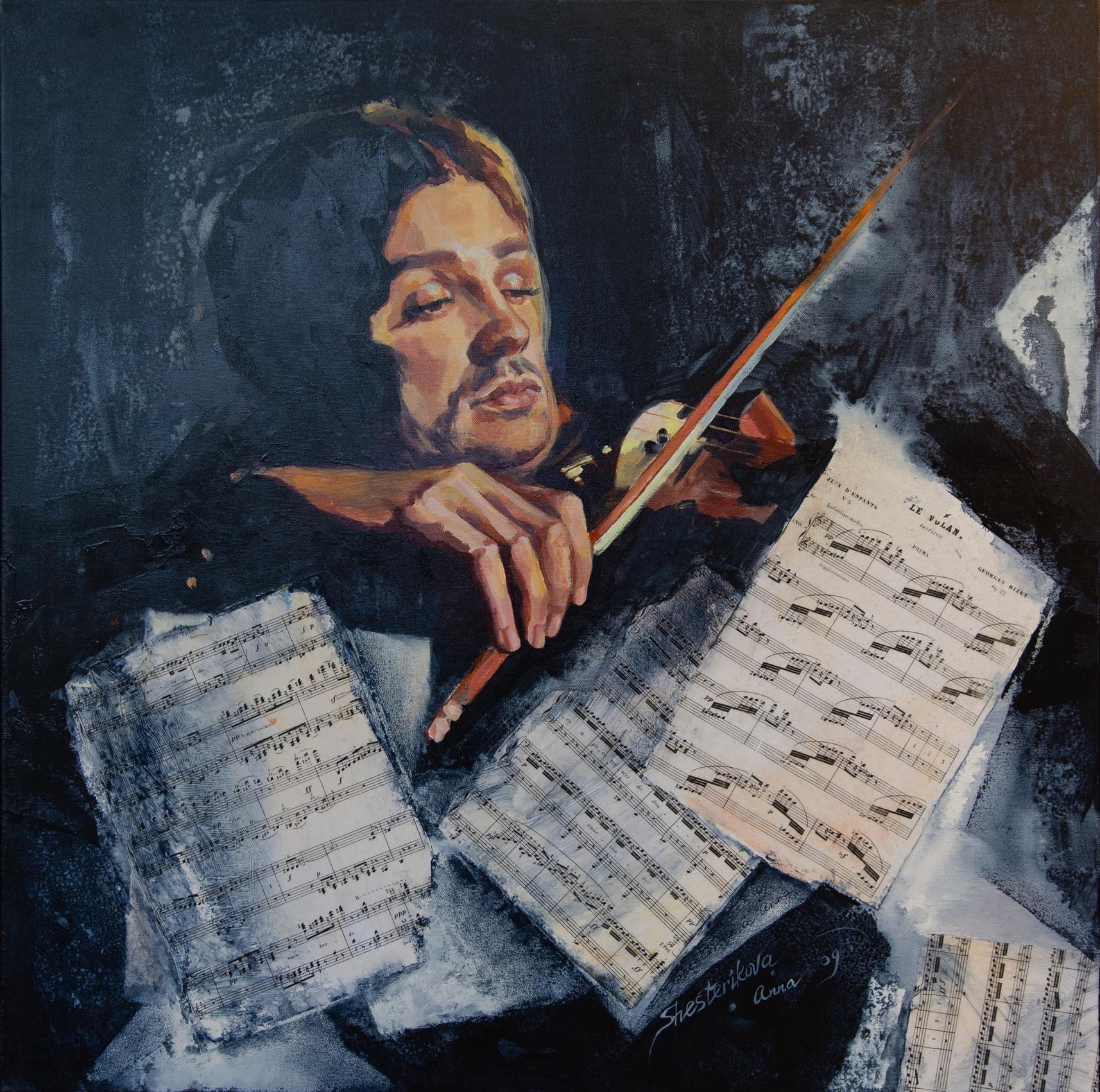 Anna Shesterikova Figurative Painting - Violinist. Square, portrait, figurative, notes, semi-abstract