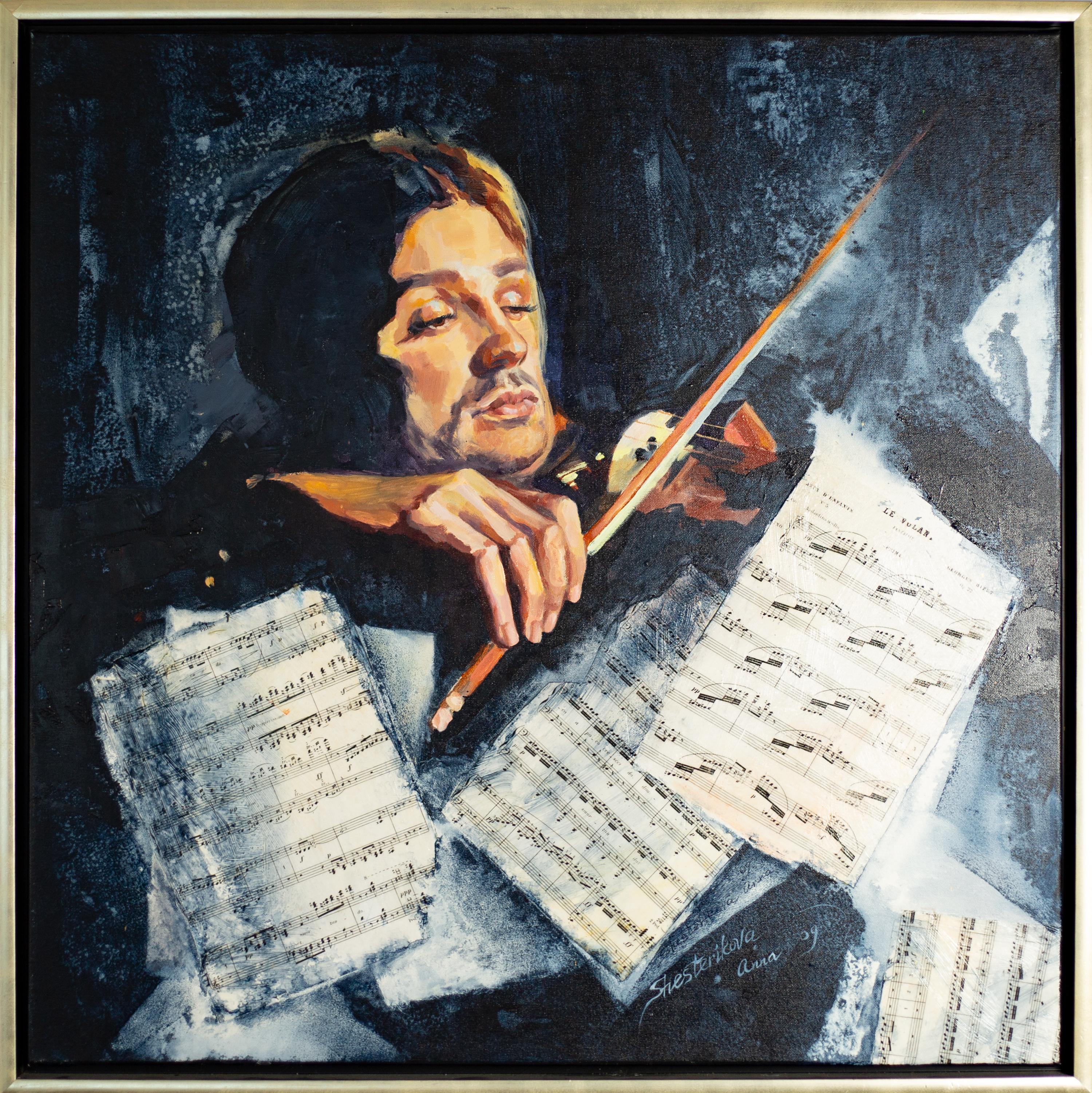 Violoniste. Square, portrait, figuratif, notes, semi-abstraite