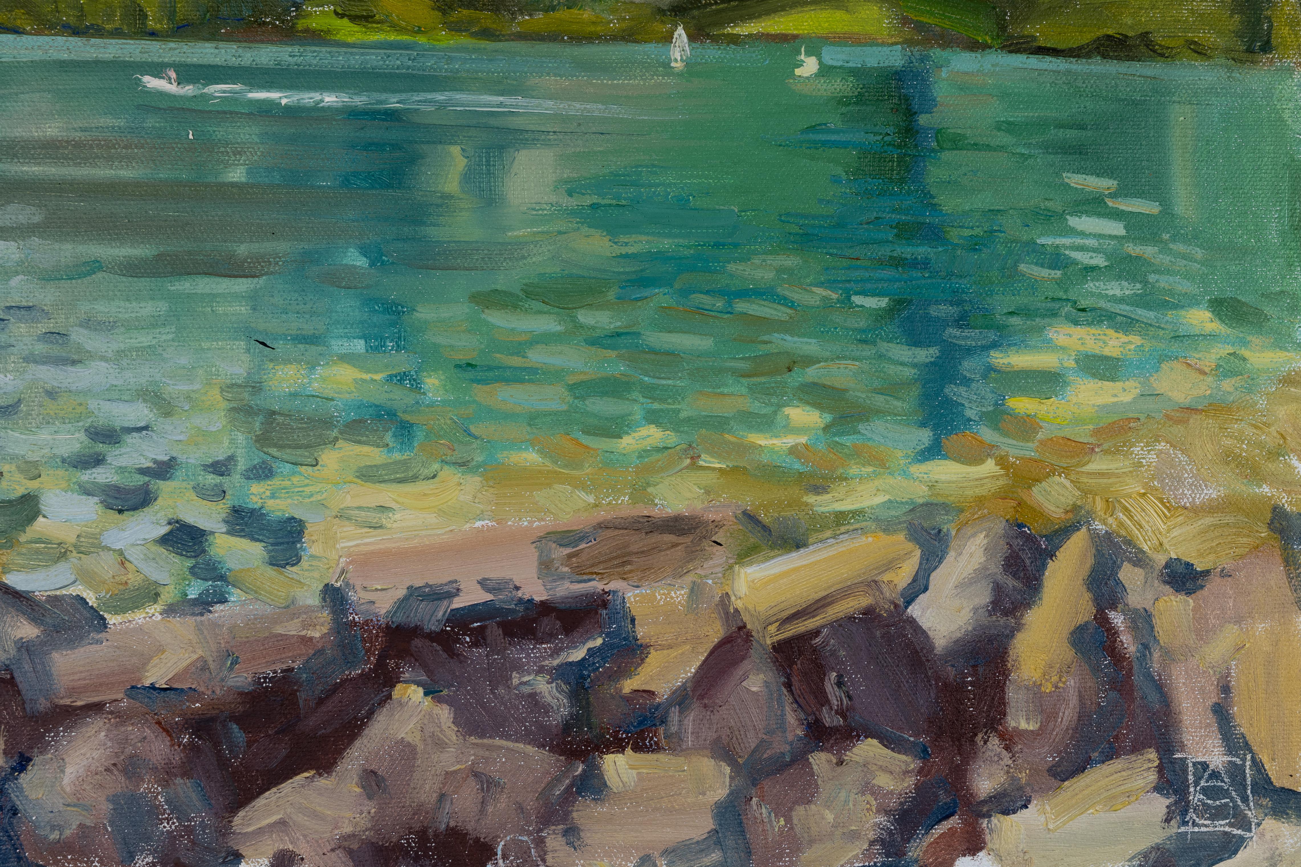 Walensee In The Evening. Landscape oil, mountains, lake, beauty. Impressionism - Post-Impressionist Painting by Anna Shesterikova