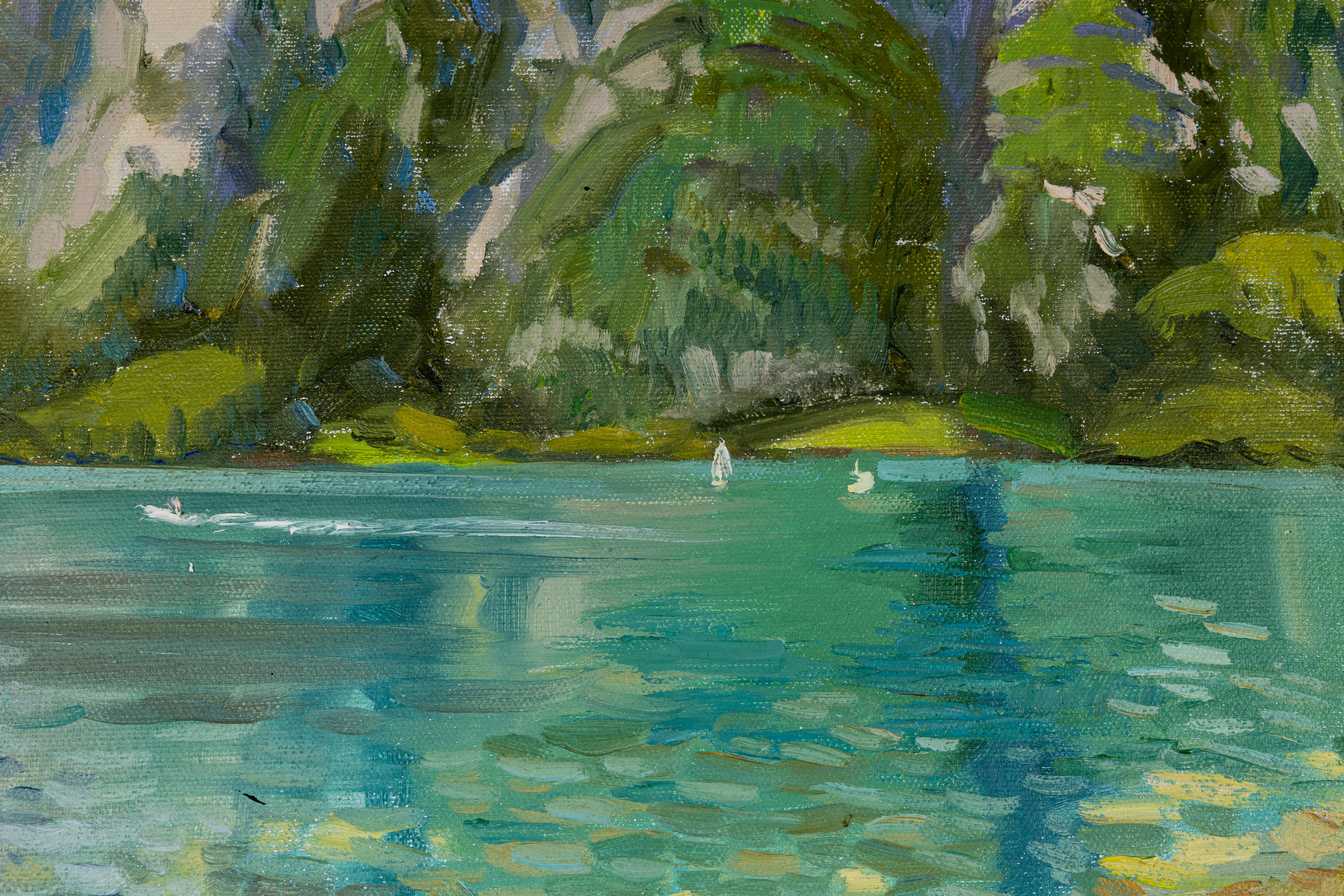 Walensee In The Evening. Landscape oil, mountains, lake, beauty. Impressionism - Gray Landscape Painting by Anna Shesterikova