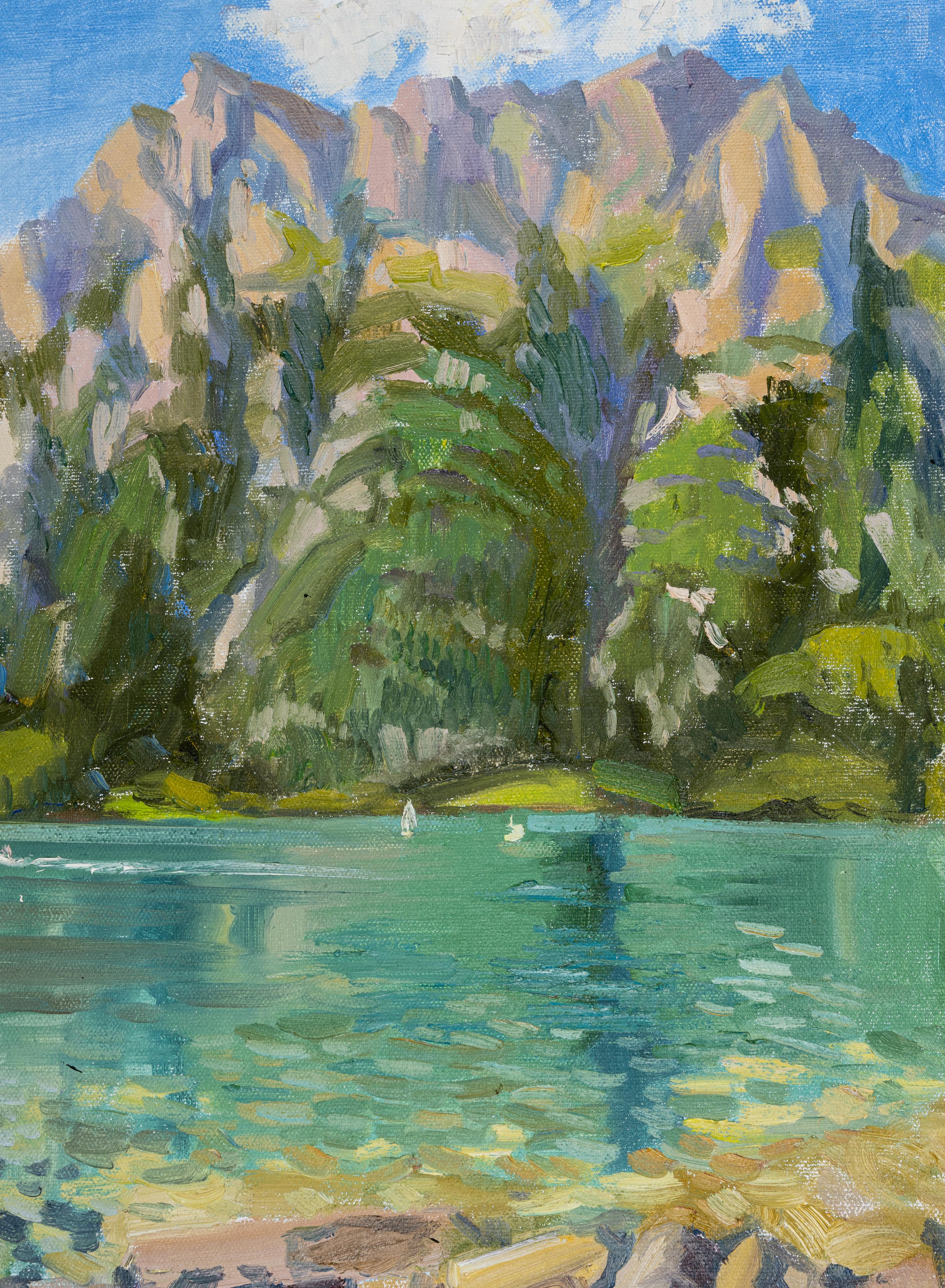This painting was created in the open air on Lake Wales. Nature is gradually calming down from the joy of the past hot day, in the early evening bliss, peace, silence and coolness are pouring over the lake... A white sailboat gently cuts through the