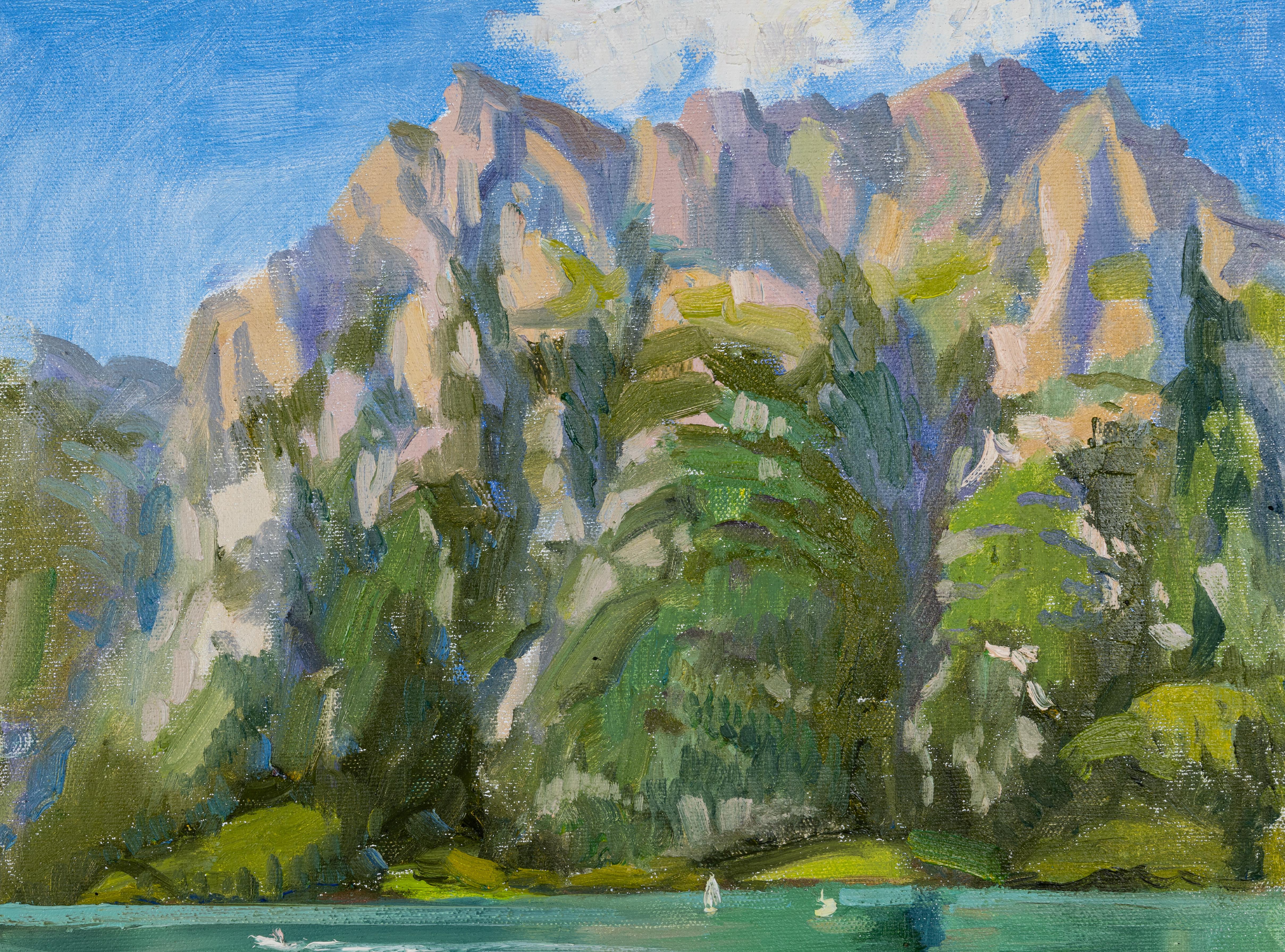 Walensee In The Evening. Landscape oil, mountains, lake, beauty. Impressionism For Sale 1