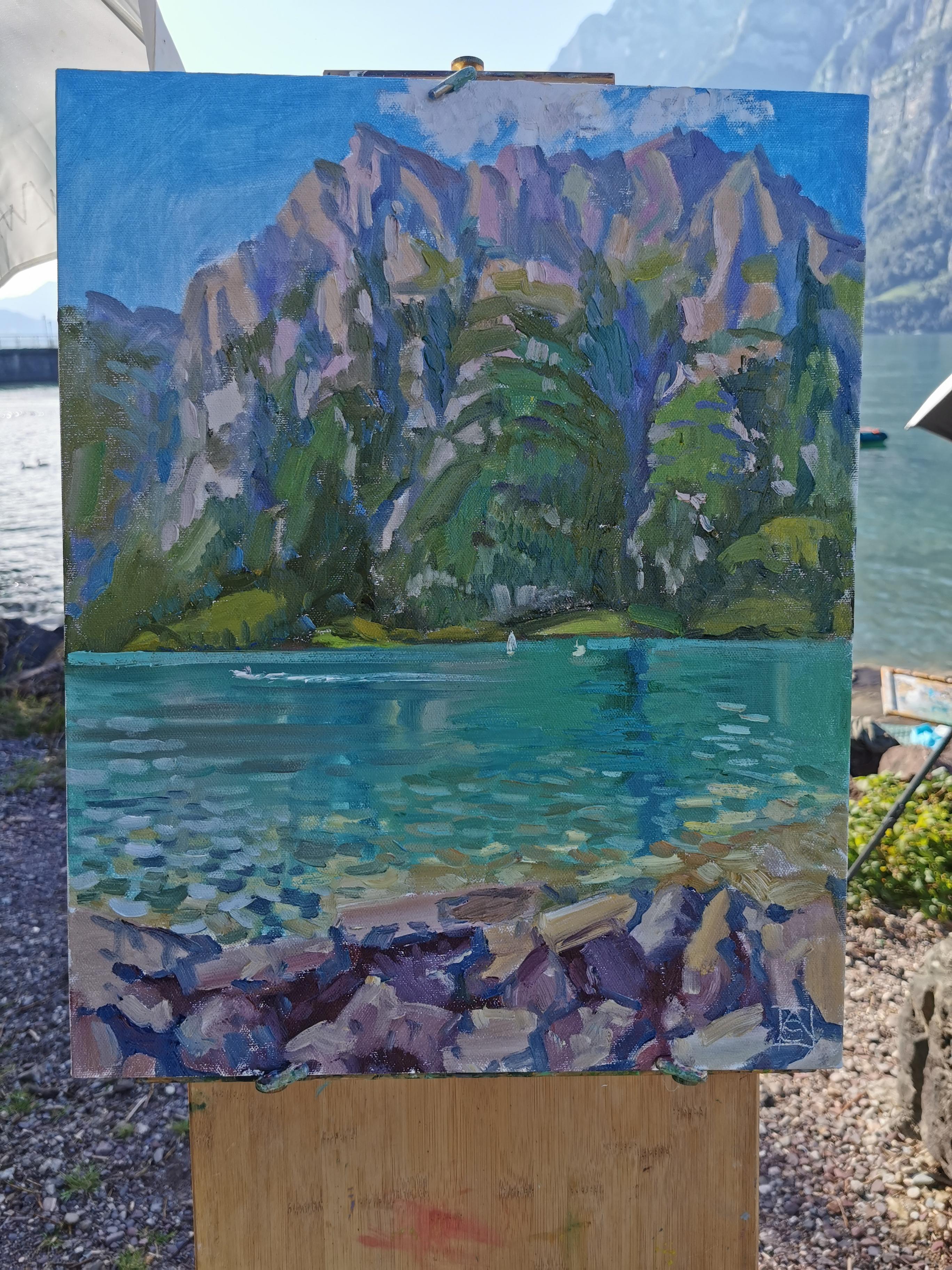 Walensee In The Evening. Landscape oil, mountains, lake, beauty. Impressionism For Sale 2