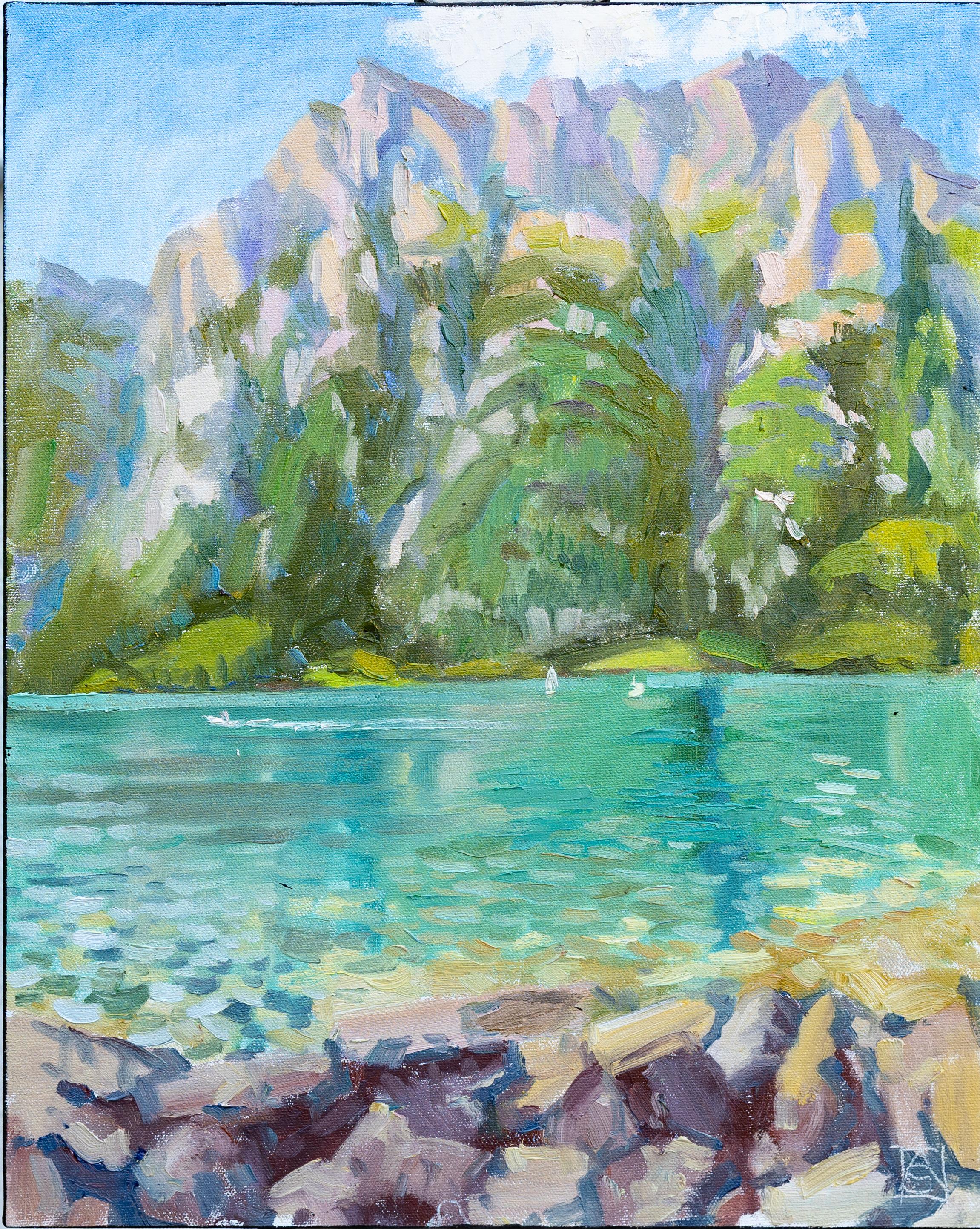 This painting was created in the open air on Lake Wales. Nature is gradually calming down from the joy of the past hot day, in the early evening bliss, peace, silence and coolness are pouring over the lake... A white sailboat gently cuts through the