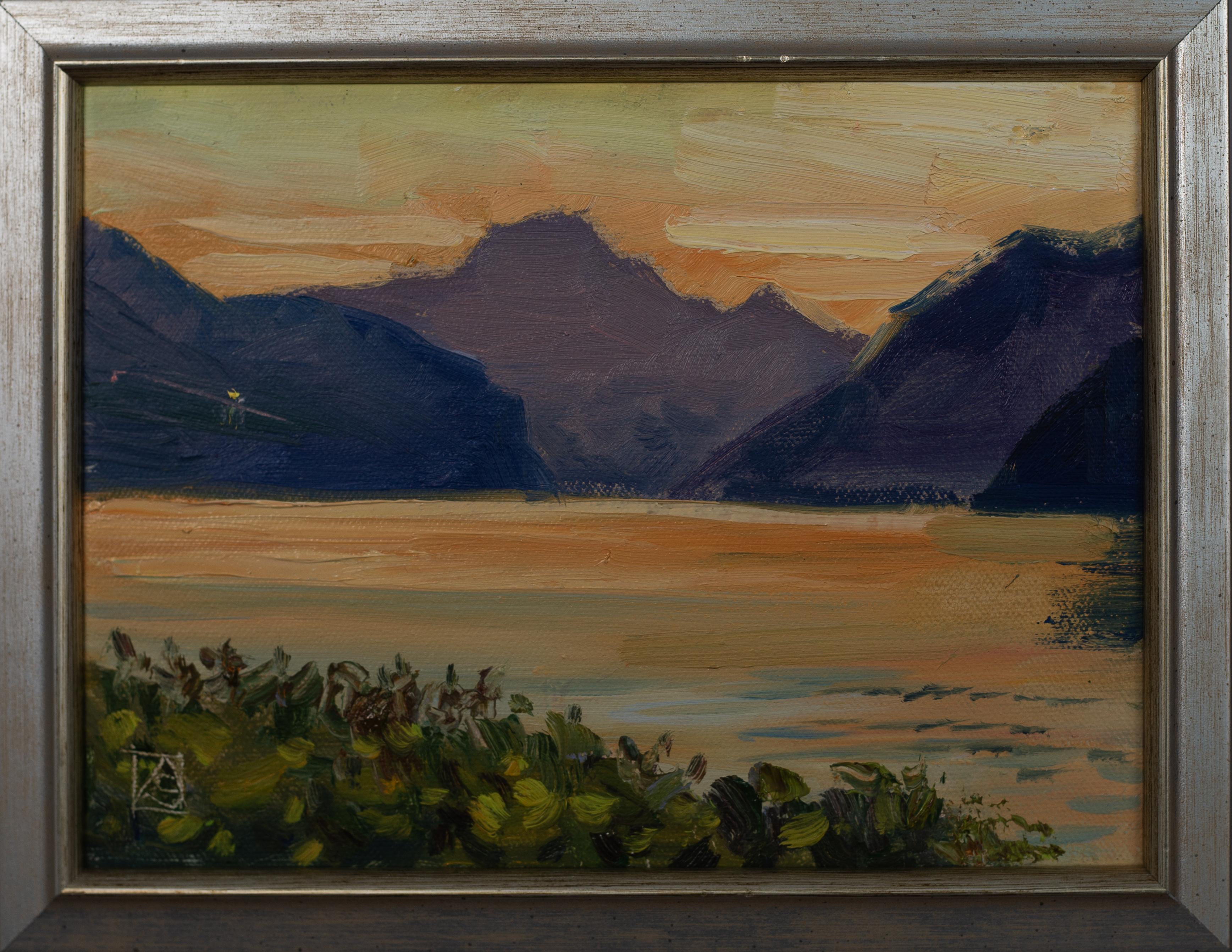 Walensee. Sunset.  Small format, horizontal, lake, mountains, Switzerland - Painting by Anna Shesterikova