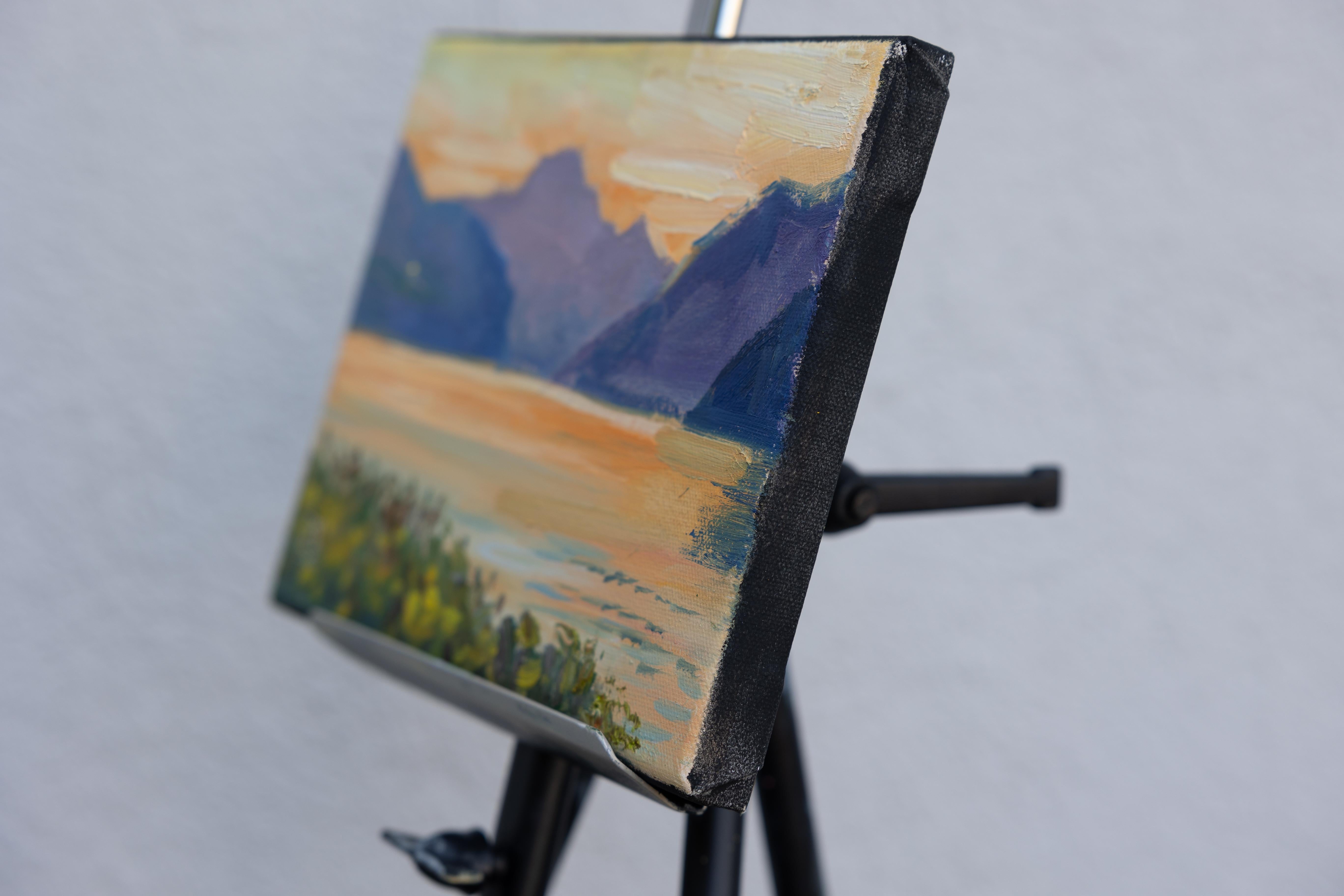 Walensee. Sunset.  Small format, horizontal, lake, mountains, Switzerland - Post-Impressionist Painting by Anna Shesterikova
