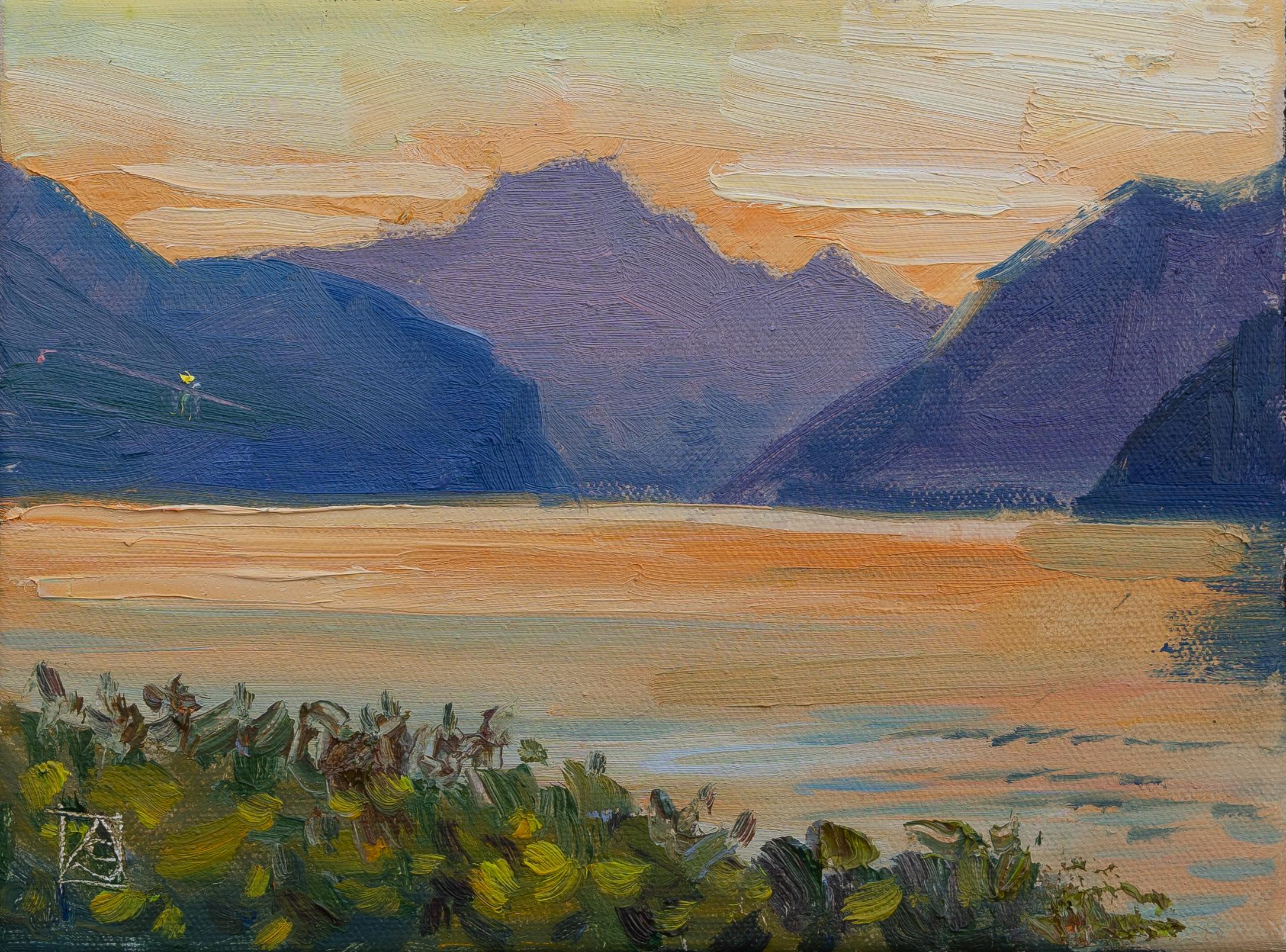Anna Shesterikova Landscape Painting - Walensee. Sunset. Small format, horizontal, lake, mountains, Switzerland