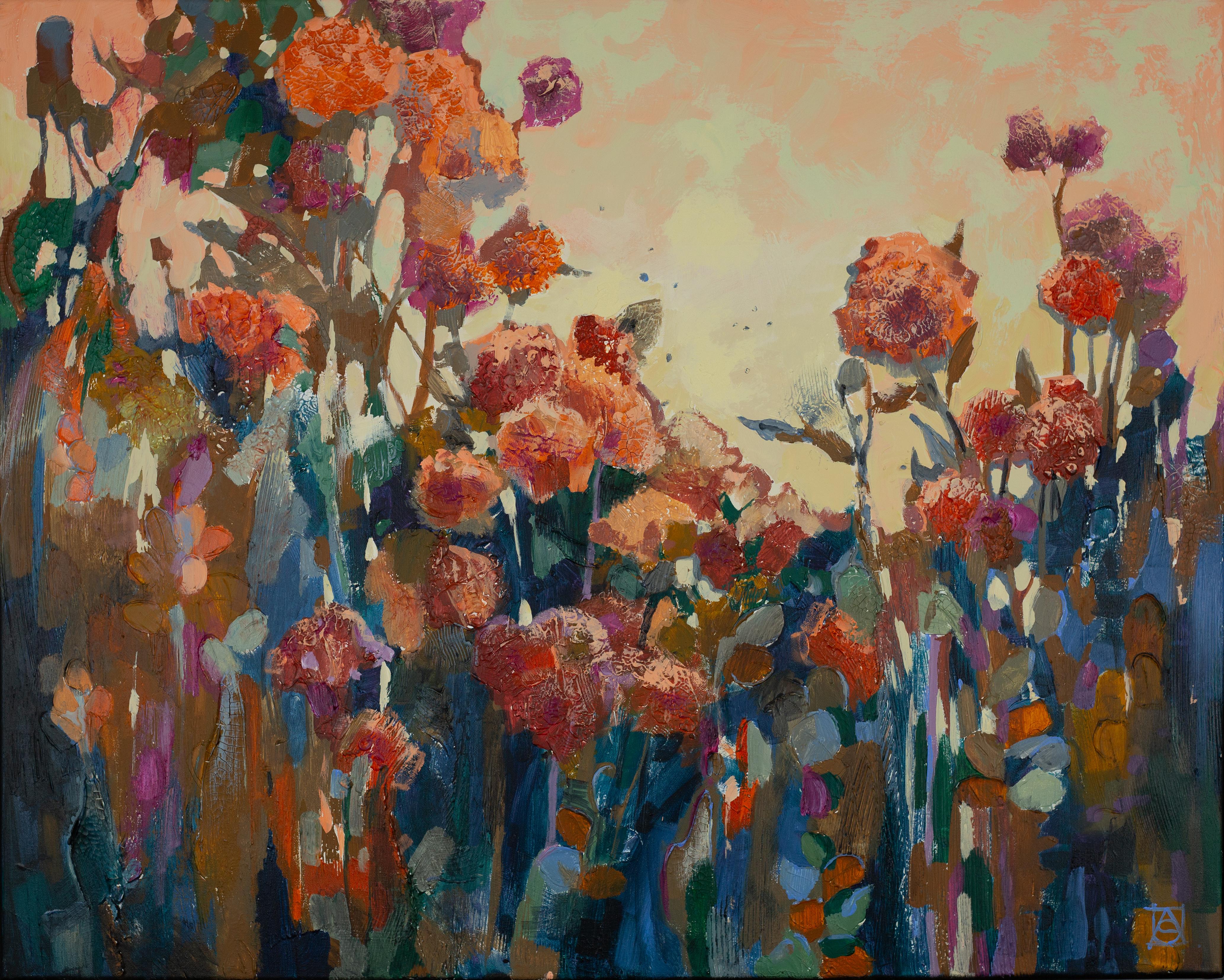 Anna Shesterikova Interior Painting - Warm Evening. Semi-abstract floral painting, warm color, large, horizontal