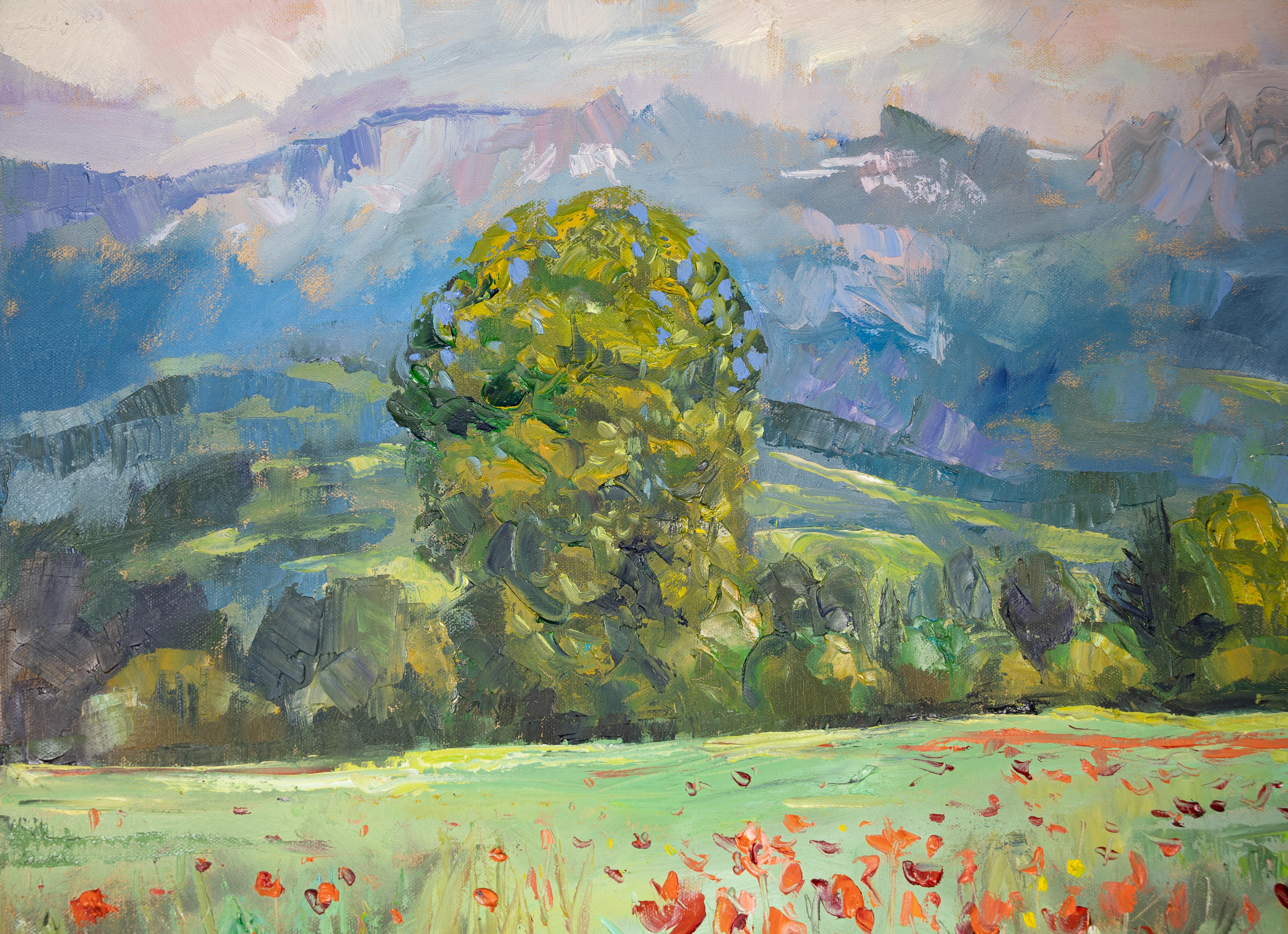 Warm May in the Rhine Valley. Poppies. Mountain. Оil painting, impressionism For Sale 5