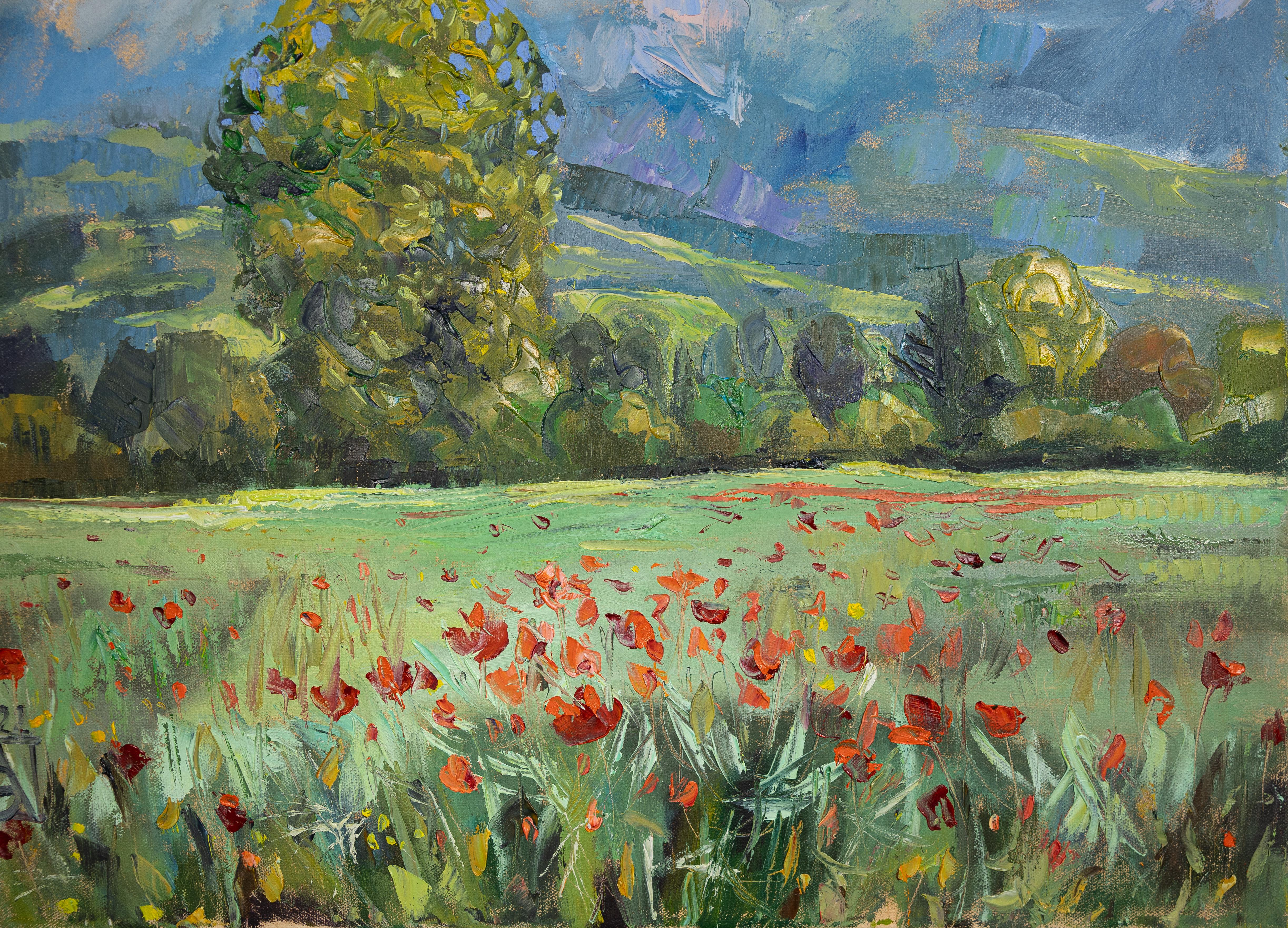 Warm May in the Rhine Valley. Poppies. Mountain. Оil painting, impressionism For Sale 1