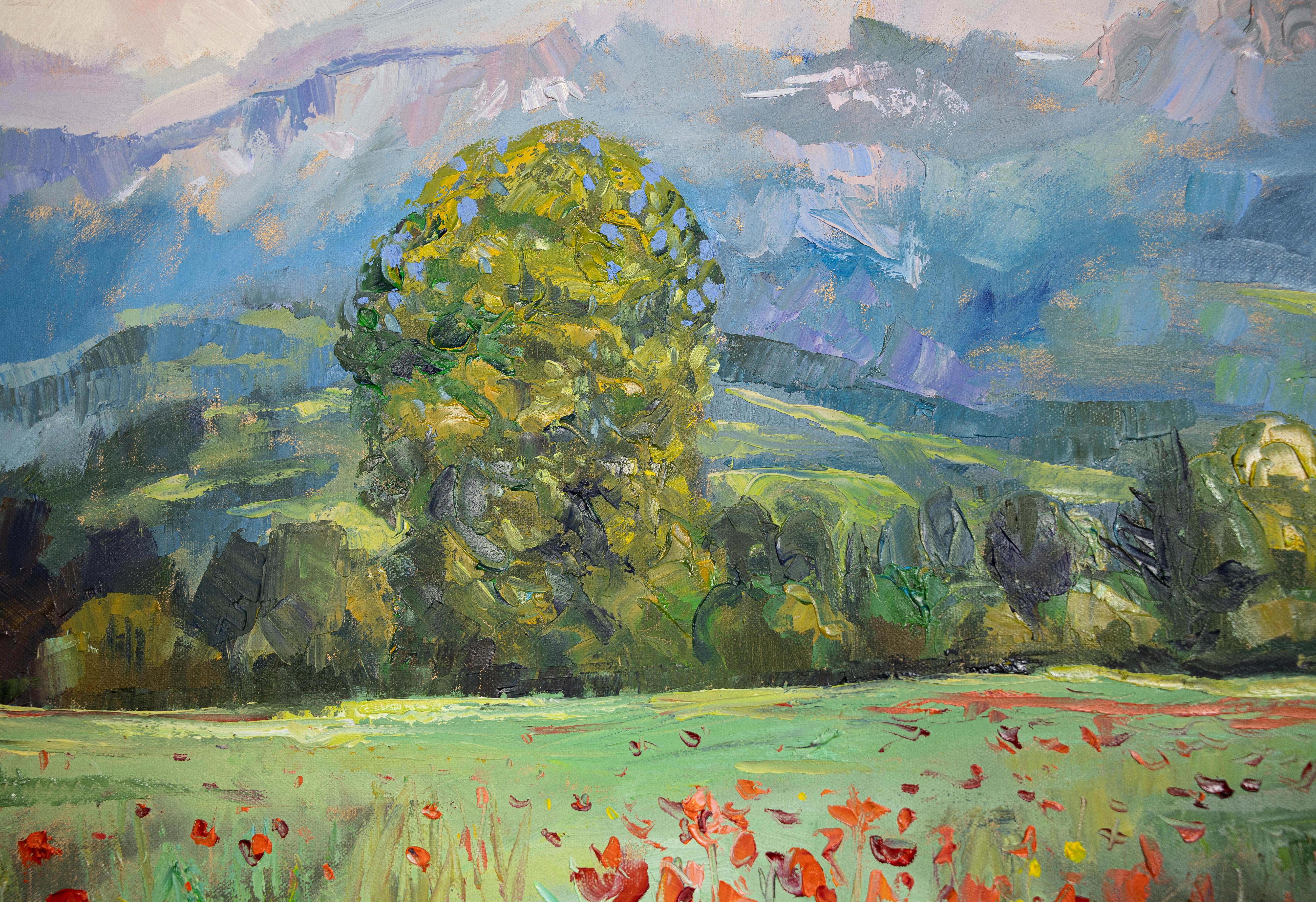 Warm May in the Rhine Valley. Poppies. Mountain. Оil painting, impressionism For Sale 2