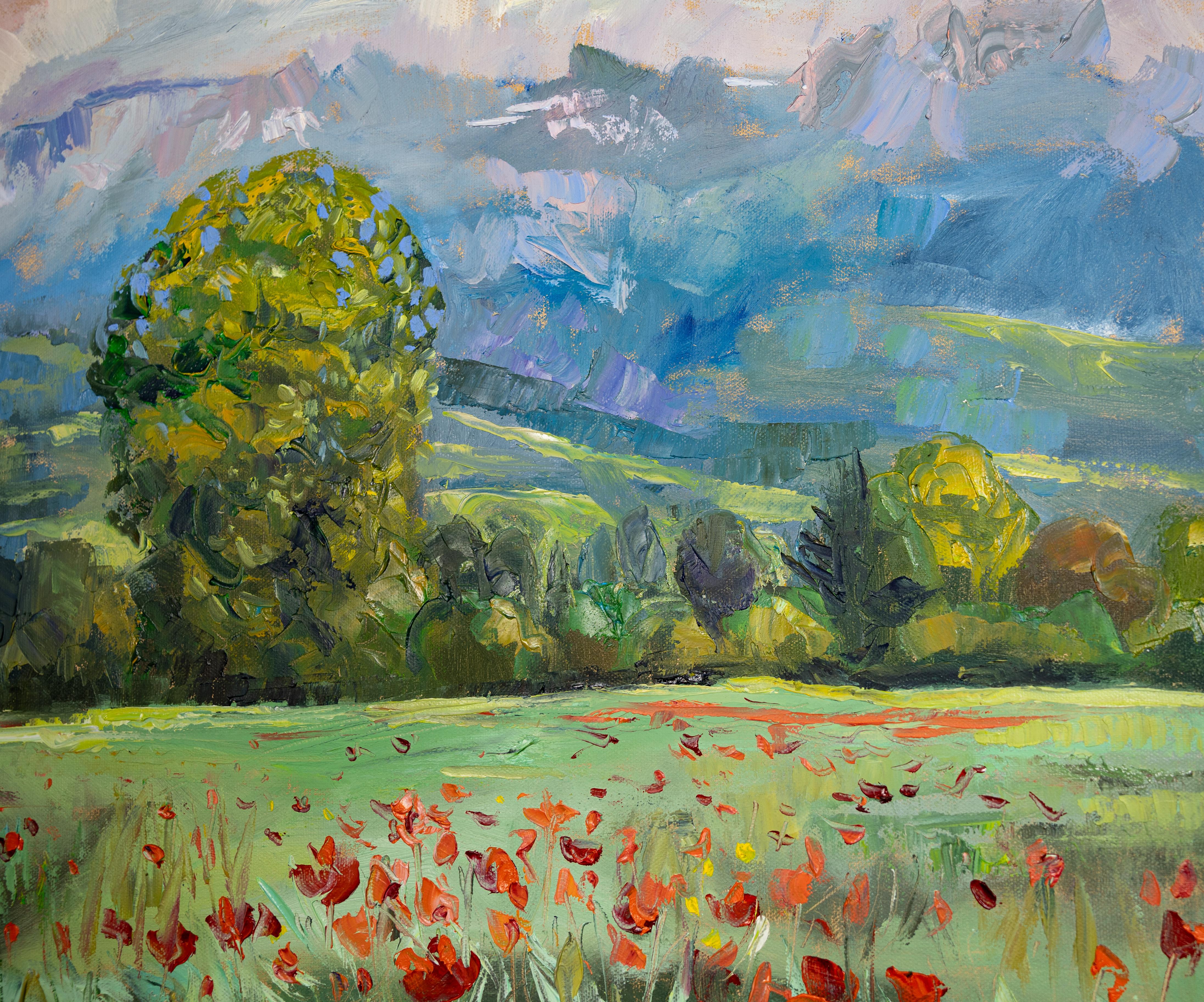 Warm May in the Rhine Valley. Poppies. Mountain. Оil painting, impressionism For Sale 3