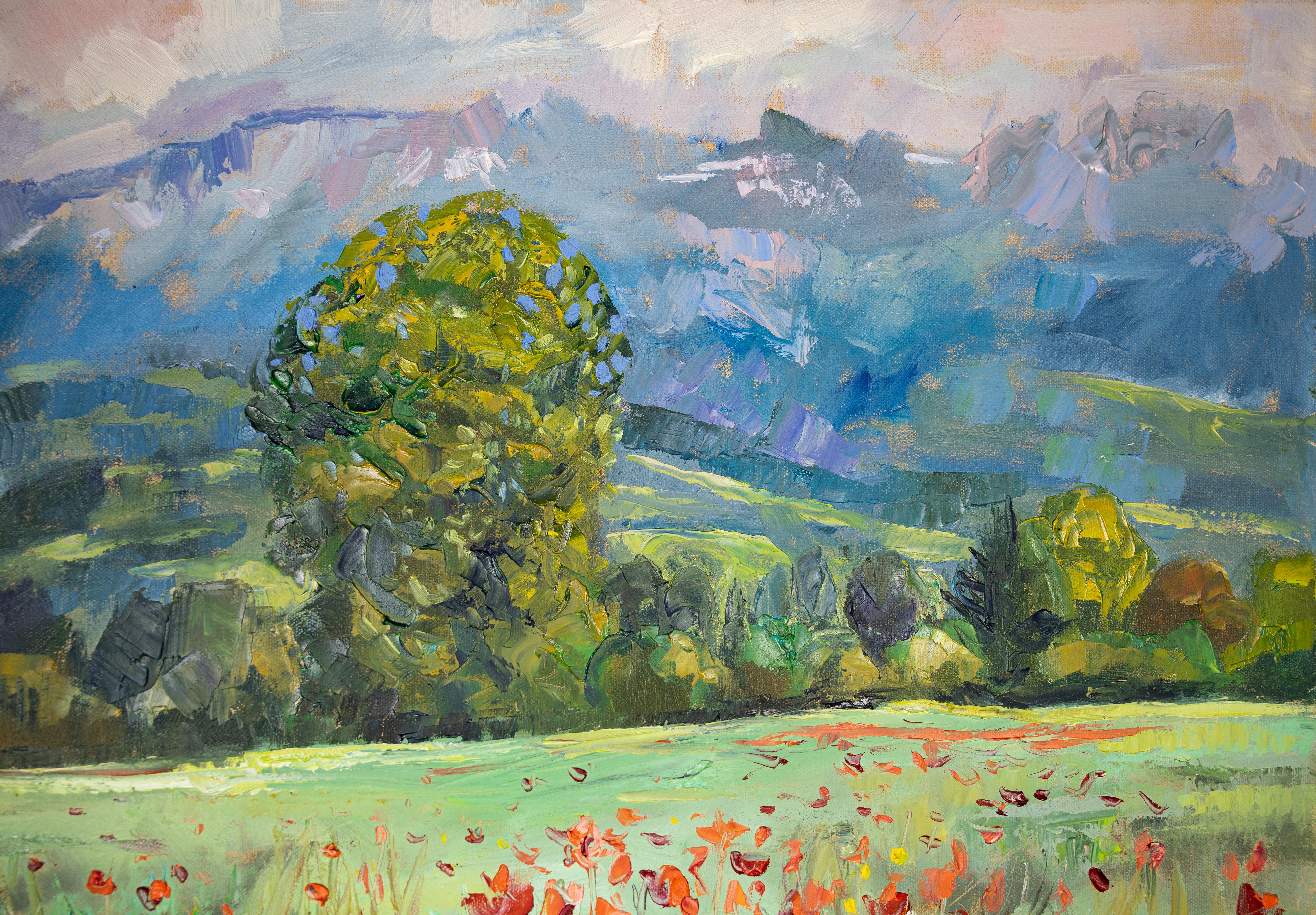Warm May in the Rhine Valley. Poppies. Mountain. Оil painting, impressionism For Sale 4
