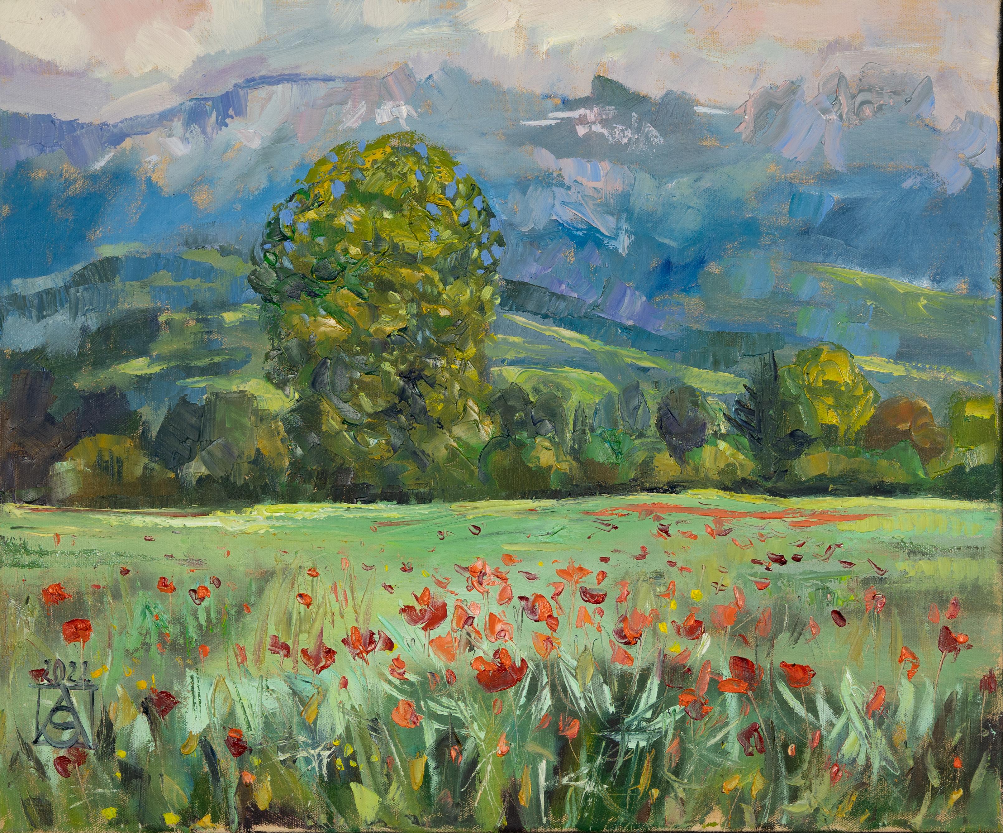 Anna Shesterikova Landscape Painting - Warm May in the Rhine Valley. Poppies. Mountain. Оil painting, impressionism