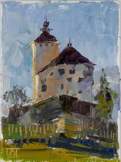 Werdenberg Castle in the Evening. Sunset, Landscape Paintings, impressionism